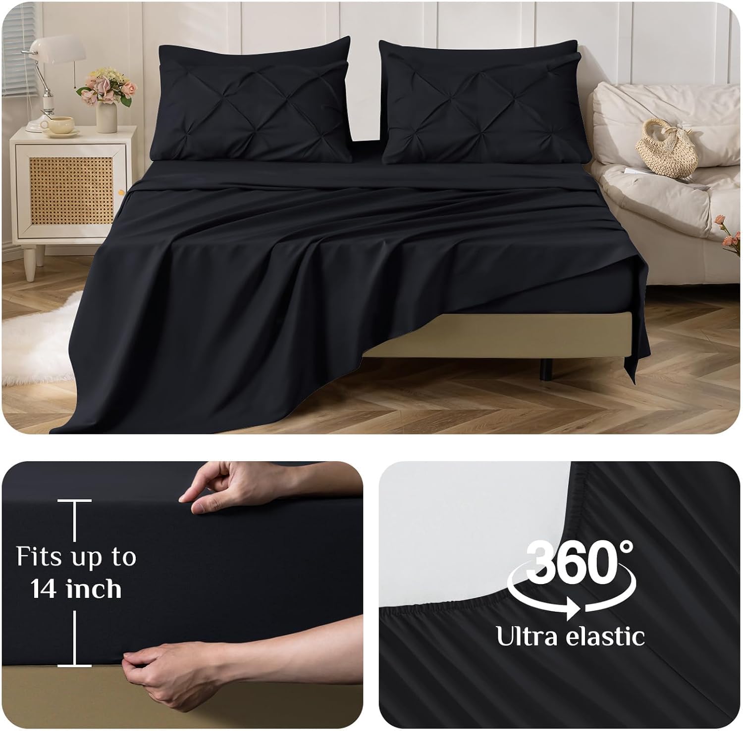 JOLLYVOGUE Queen Comforter Set 7 Pieces - Bed in a Bag Queen for All Season, Pintuck Bedding Comforter Sets with Comforter, Flat Sheet, Fitted Sheet and Pillowcases & Shams, Black