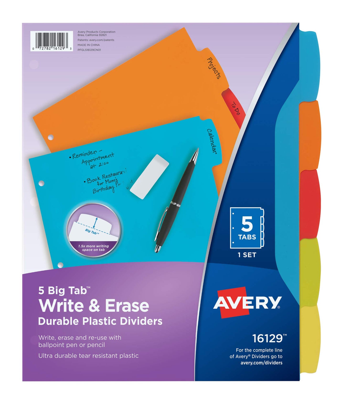 Avery Big Tab Write & Erase Durable Plastic Dividers for 3 Ring Binders, 8-Tab Set, Bright Multicolor, 1 Set (16130)