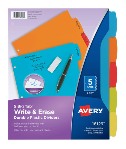 Avery Big Tab Write & Erase Durable Plastic Dividers for 3 Ring Binders, 8-Tab Set, Bright Multicolor, 1 Set (16130)