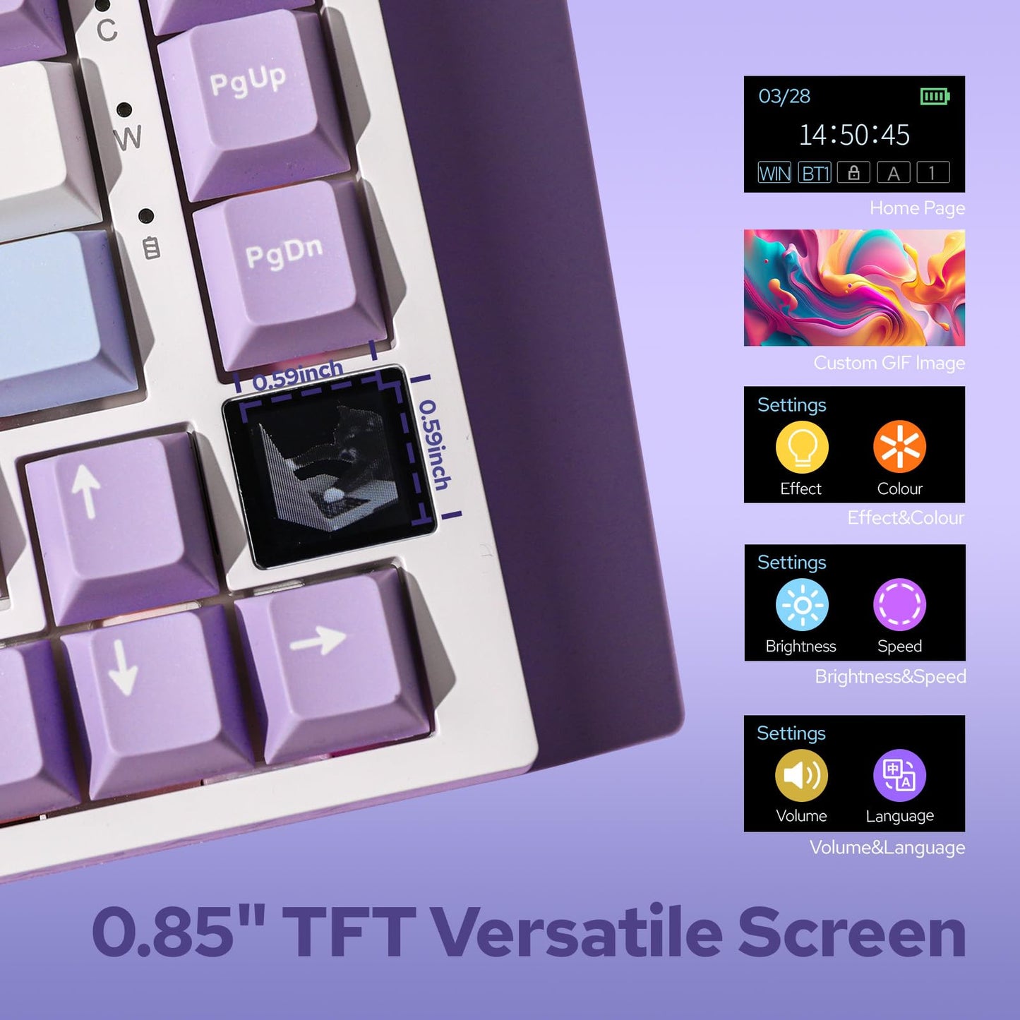 EPOMAKER Ajazz AK820 Pro 75% Wireless Mechanical Keyboard with TFT Smart Display&Knob, Gasket-Mounted Gaming Keyboard, Bluetooth/2.4GHz/USB-C Wired (Purple, Flying Fish Switch)