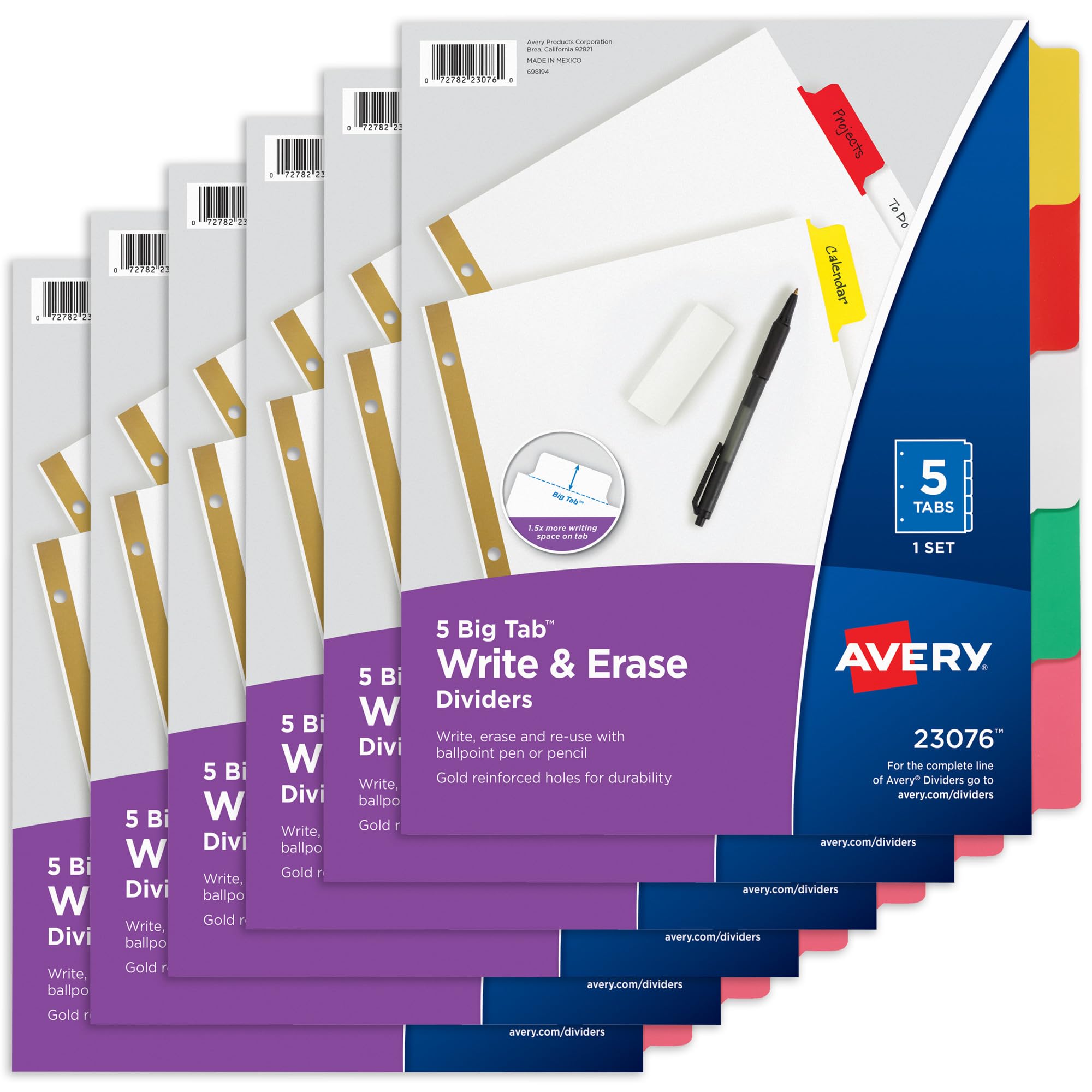 Avery Big Tab Write & Erase Dividers for 3 Ring Binders, 8-Tab Set, Multicolor Divider Tabs, 1 Set of Binder Dividers, Great for Organizing Projects, Reports, Finances, and More (23079)