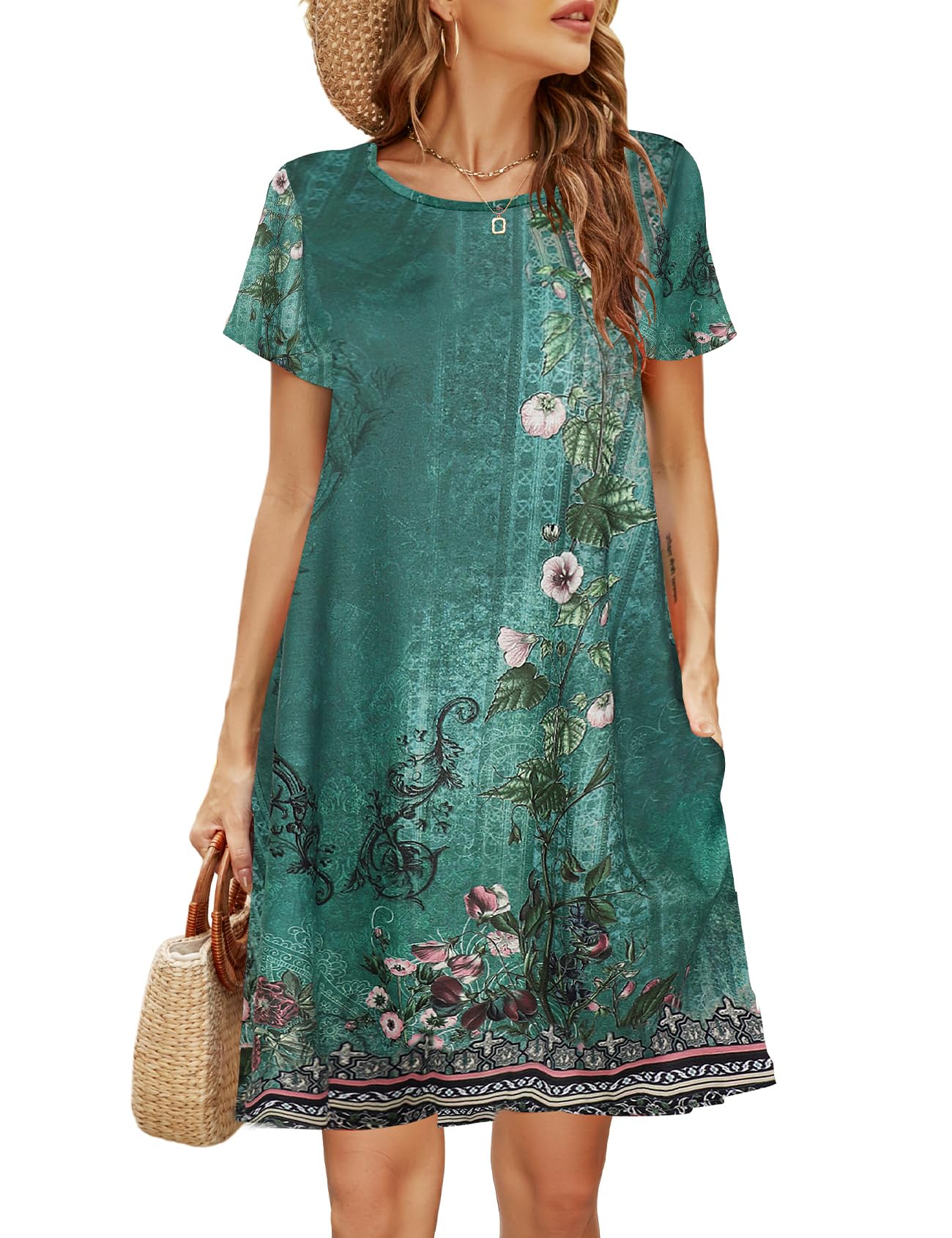 Halife Womens Summer Casual Tshirt Dress Loose Lace Hem Short Sleeve Beach Sundresses with Pockets