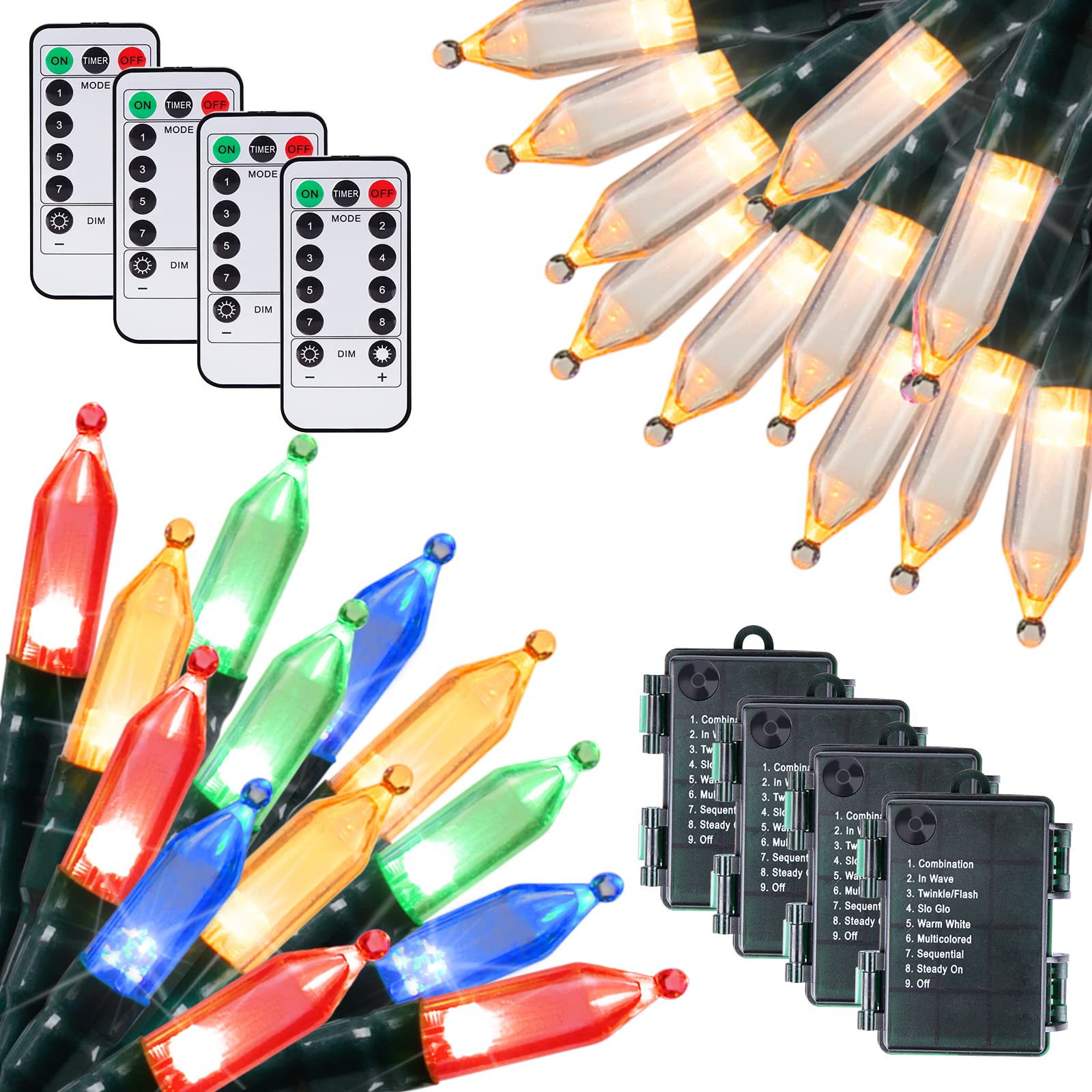 Brightown Battery Operated Christmas Lights 4 Pack 18 Feet 50 LED Clear Mini String Lights with 8 Modes Waterproof Tree Lights for Xmas Outdoor Indoor Holiday Party Garden Decor, Warm White