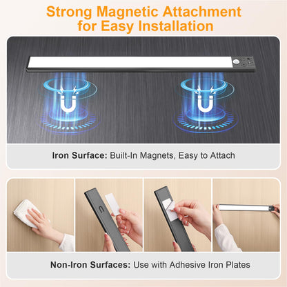 Gritin 10.2inch Under Cabinet Lighting Rechargeable -84 LED Super Bright,3-Color& 5 Level Brightness,4 Modes,Motion Sensor,Long Lasting- Easy Installation Magnetic Under Cabinet Closet Lights -2 Pack