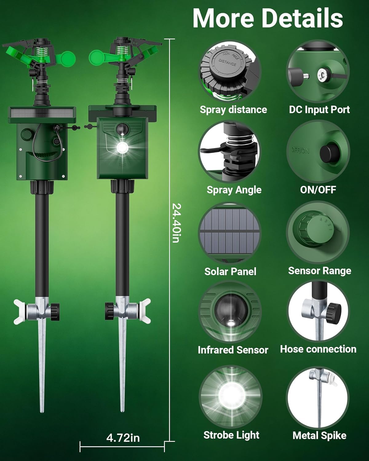 Motion Activated Sprinkler Deer Repellent Devices with Flashing Light, Solar Powerd Cat Repellent Outdoor with Motion Sensor - Keep Rabbits Shunks Dog Raccoons Birds Away from Lawn and Garden