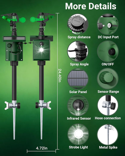 Motion Activated Sprinkler Deer Repellent Devices with Flashing Light, Solar Powerd Cat Repellent Outdoor with Motion Sensor - Keep Rabbits Shunks Dog Raccoons Birds Away from Lawn and Garden