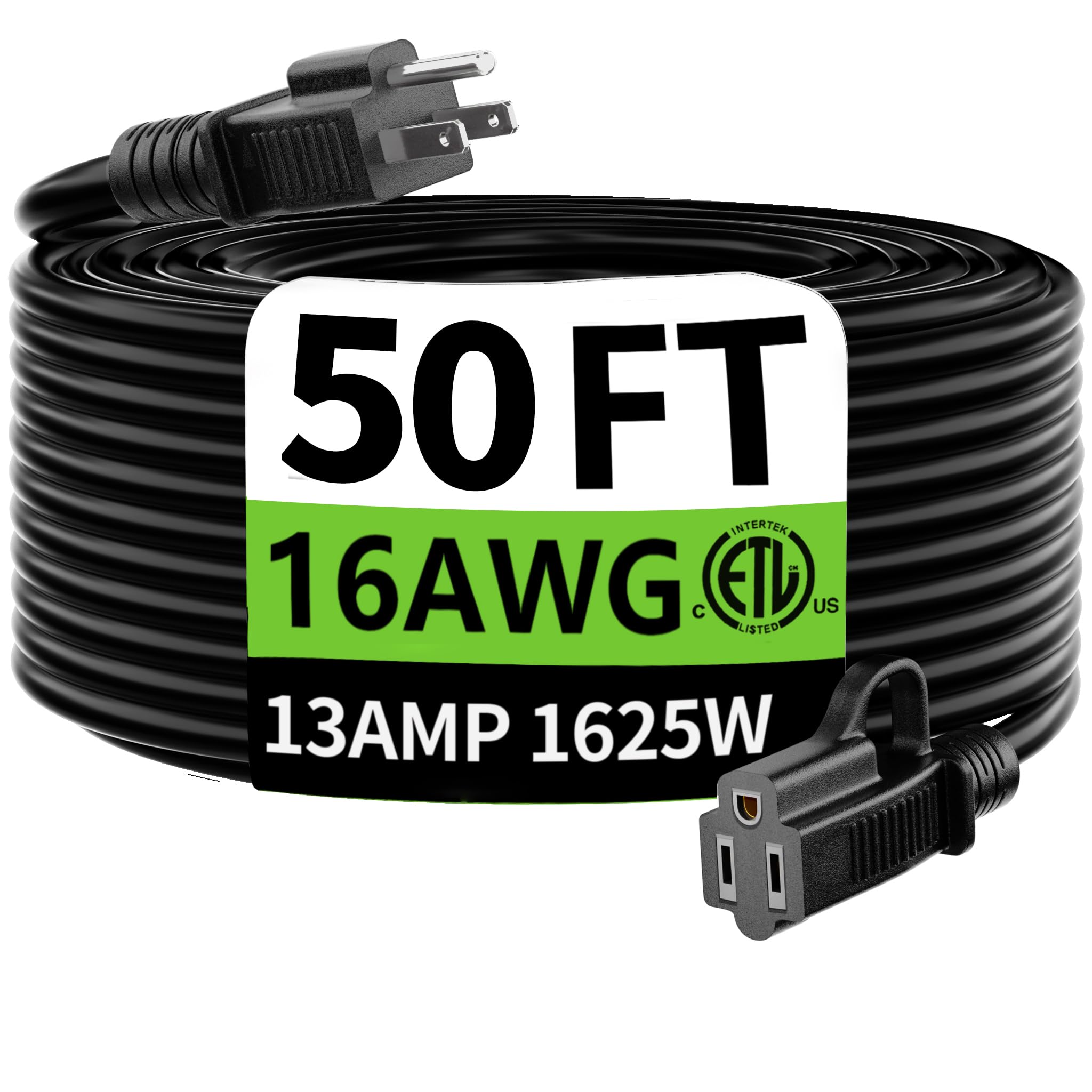 HUANCHAIN Indoor Outdoor Black Extension Cord 50 ft Waterproof, 16/3 Gauge Flexible Resistant Appliance Extension Cord Outside, 13A 1625W 16AWG SJTW, 3 Prong Heavy Duty Electric Cable, ETL Listed