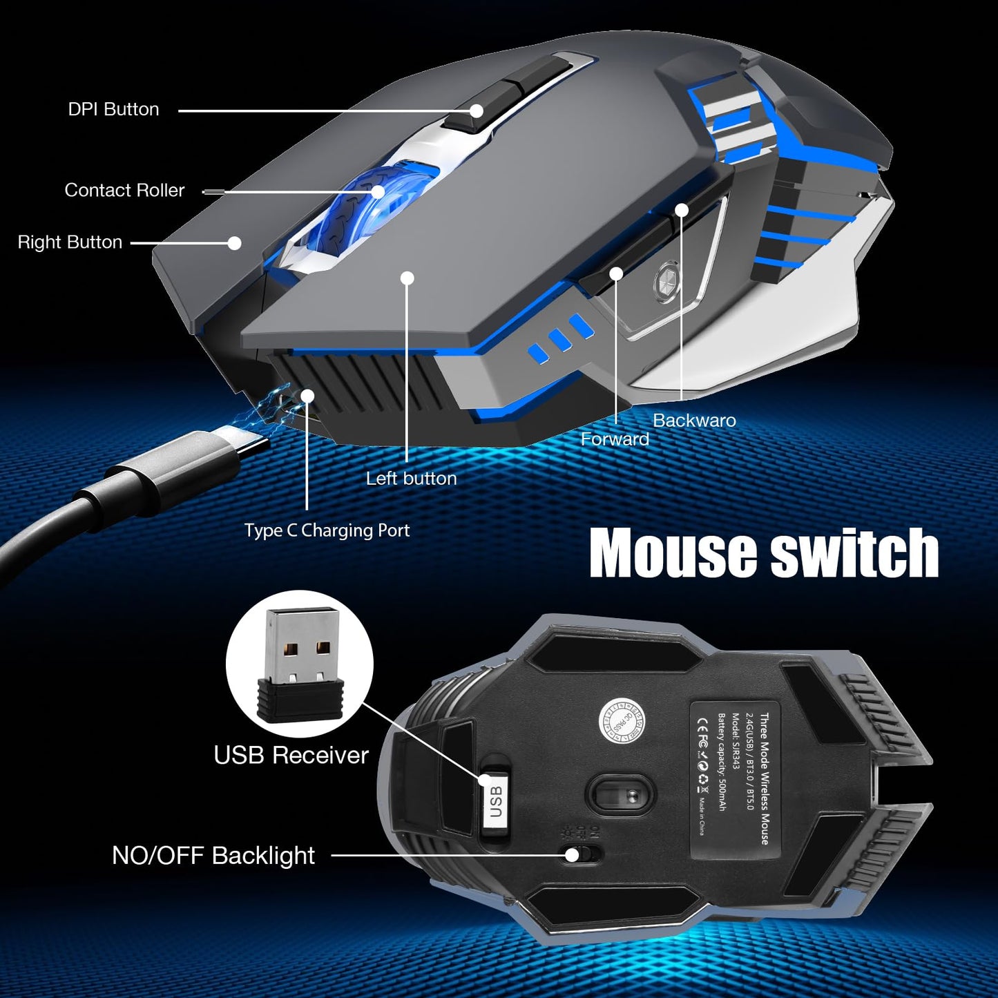 Bluetooth Gaming Mouse, RGB Rechargeable USB Wireless Mouse, Quiet Click, LED Backlit, Ergonomic, with Side Button, 6 Button, DPI Adjustable, Computer Mice for Laptop PC MacBook Chromebook - Grey