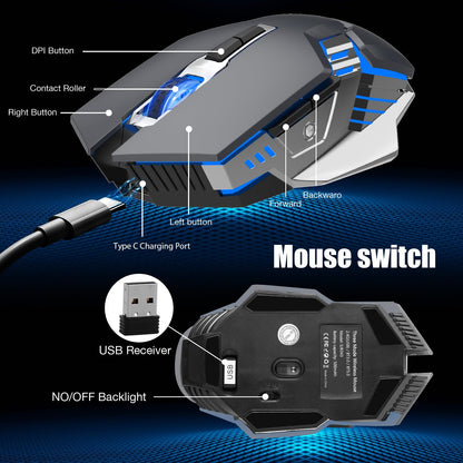 Bluetooth Gaming Mouse, RGB Rechargeable USB Wireless Mouse, Quiet Click, LED Backlit, Ergonomic, with Side Button, 6 Button, DPI Adjustable, Computer Mice for Laptop PC MacBook Chromebook - Grey