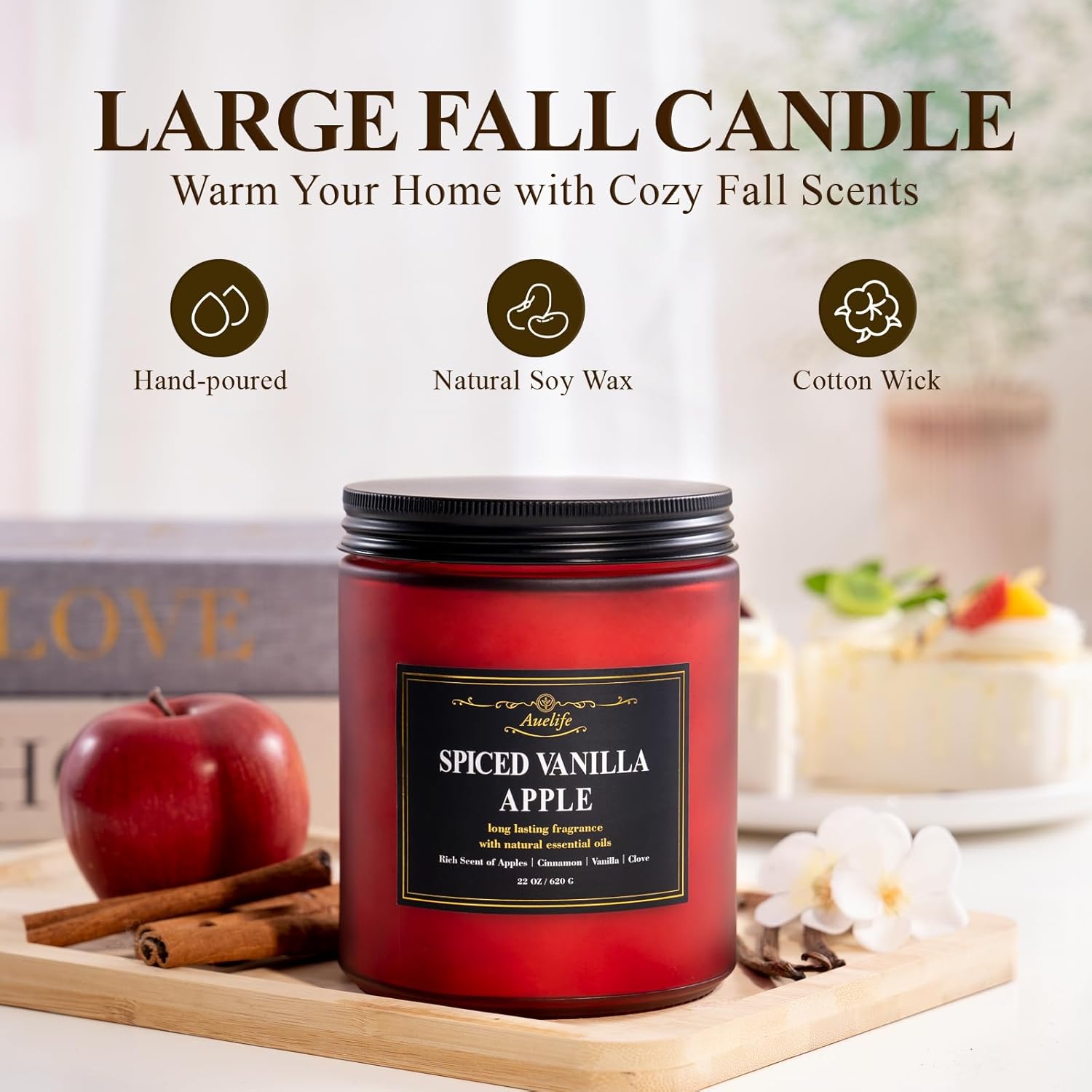 Auelife Spiced Vanilla Apple Scented Candle – 22oz Large 3-Wick Soy Candle, Cozy Fall & Autumn Candles for Home, Holiday Gift for Women & Men