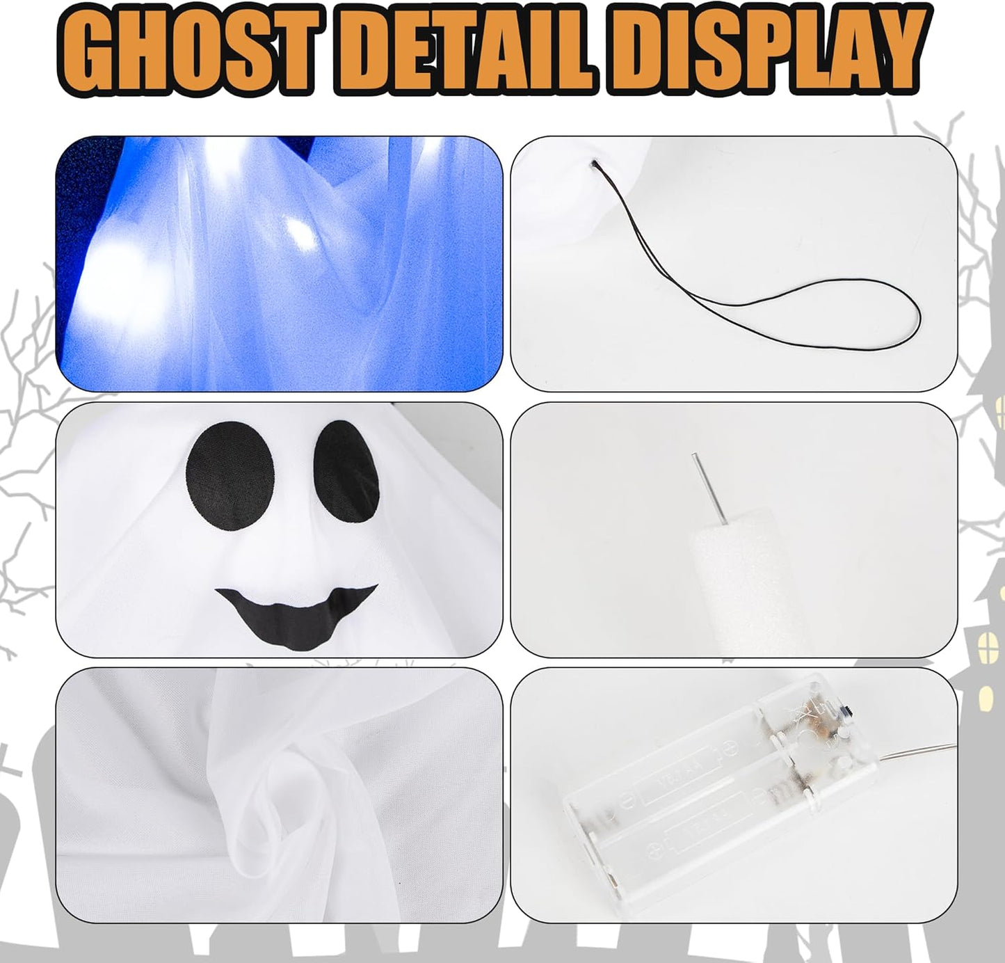 4 Pack Halloween Hanging Ghost Decorations, 27.5" Light Up Spooky Floating Ghosts with Blue LED, Outdoor & Indoor Haunted House, Porch, Yard, Party Decor, Patio Lawn Garden