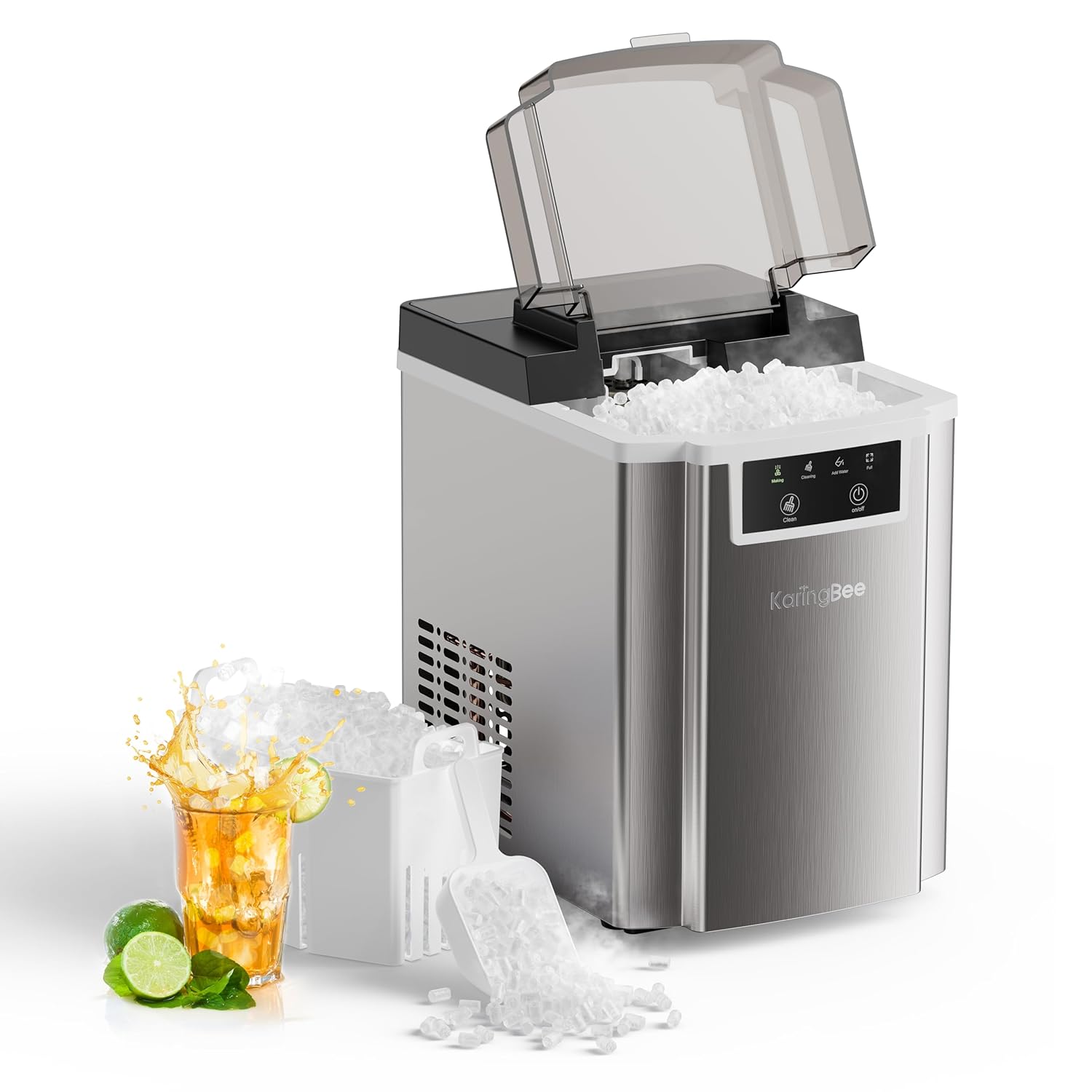 Nugget Ice Maker – 45lbs/Day Pebble Ice in 5 Mins, Chewable Sonic Ice Machine with Self-Cleaning, Quiet Stainless Steel Countertop Ice Maker for Home, Office, RV – 2025 Upgraded