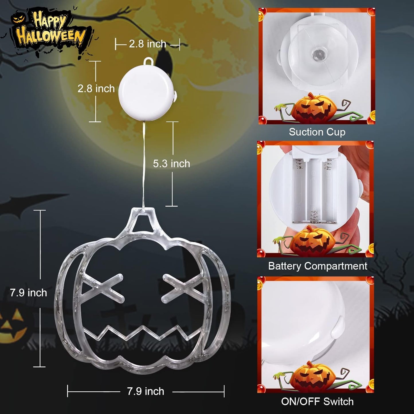 LOLStar Halloween Lights Decorations 2025 3-Pack Orange Pumpkin White Ghost Purple Bat Window Lights with Suction Cups, Battery Operated Halloween LED Lights Window Decor Slow Fade Mode and Timer