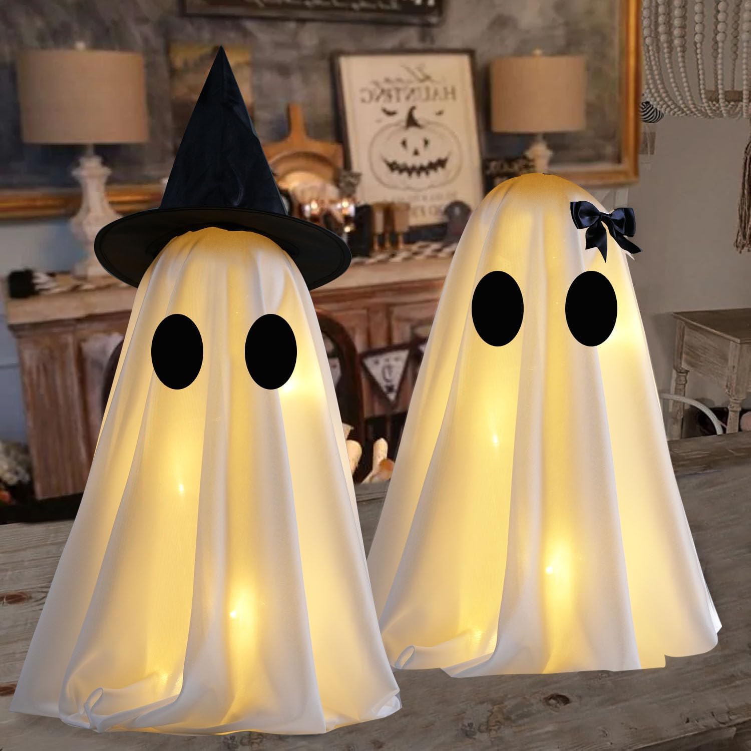 [Timer] Light Up Halloween Ghost Decorations, Set of 2 DIY Spooky Ghosts Crafts, Scary Ghost for Halloween Decor Indoor Home Mantel Shelf & Tabletop Decor