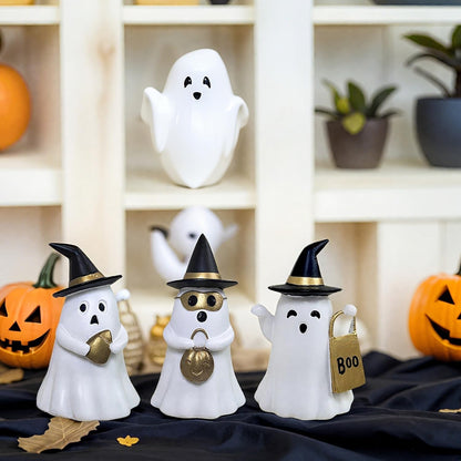 Resin Small White Ghost Figurines, 3PCS Ghosts with Witch Hats, Cute Ghost Statue for Spooky Halloween Decor, for Indoor Halloween Party Tabletop Home Shelf Decoration