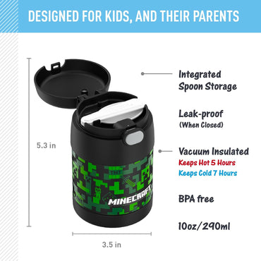 THERMOS FUNTAINER Insulated Food Jar – 10 Ounce – Kid Friendly Food Jar with Foldable Spoon, Minecraft