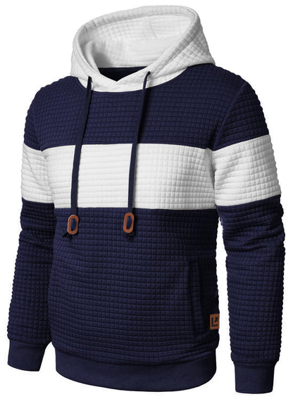 Men’s Sweatshirts Long Sleeve Pullover Patchwork Plaid Jacquard Hoodie Casual Drawstring Hoody Top