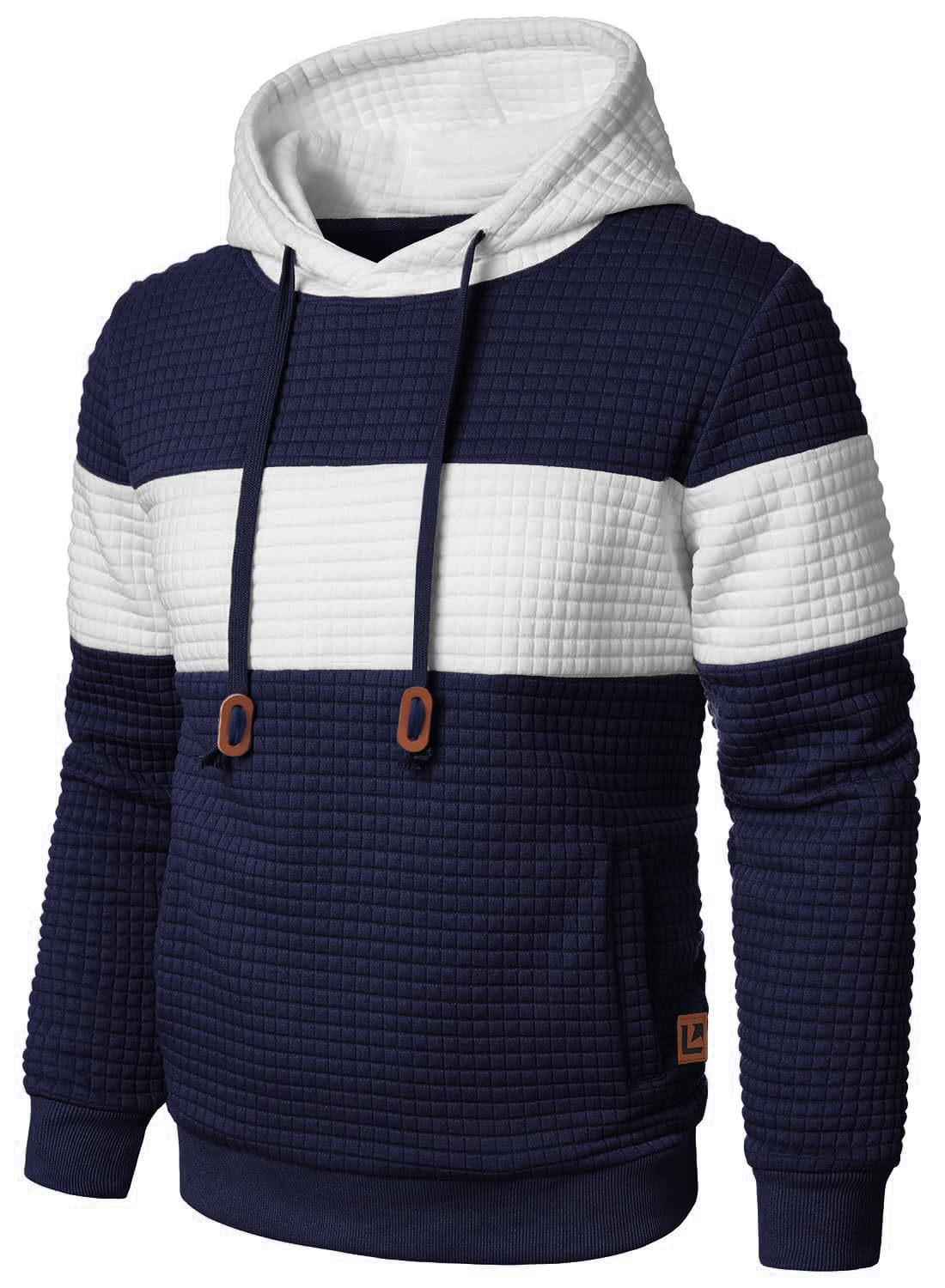 Men’s Sweatshirts Long Sleeve Pullover Patchwork Plaid Jacquard Hoodie Casual Drawstring Hoody Top