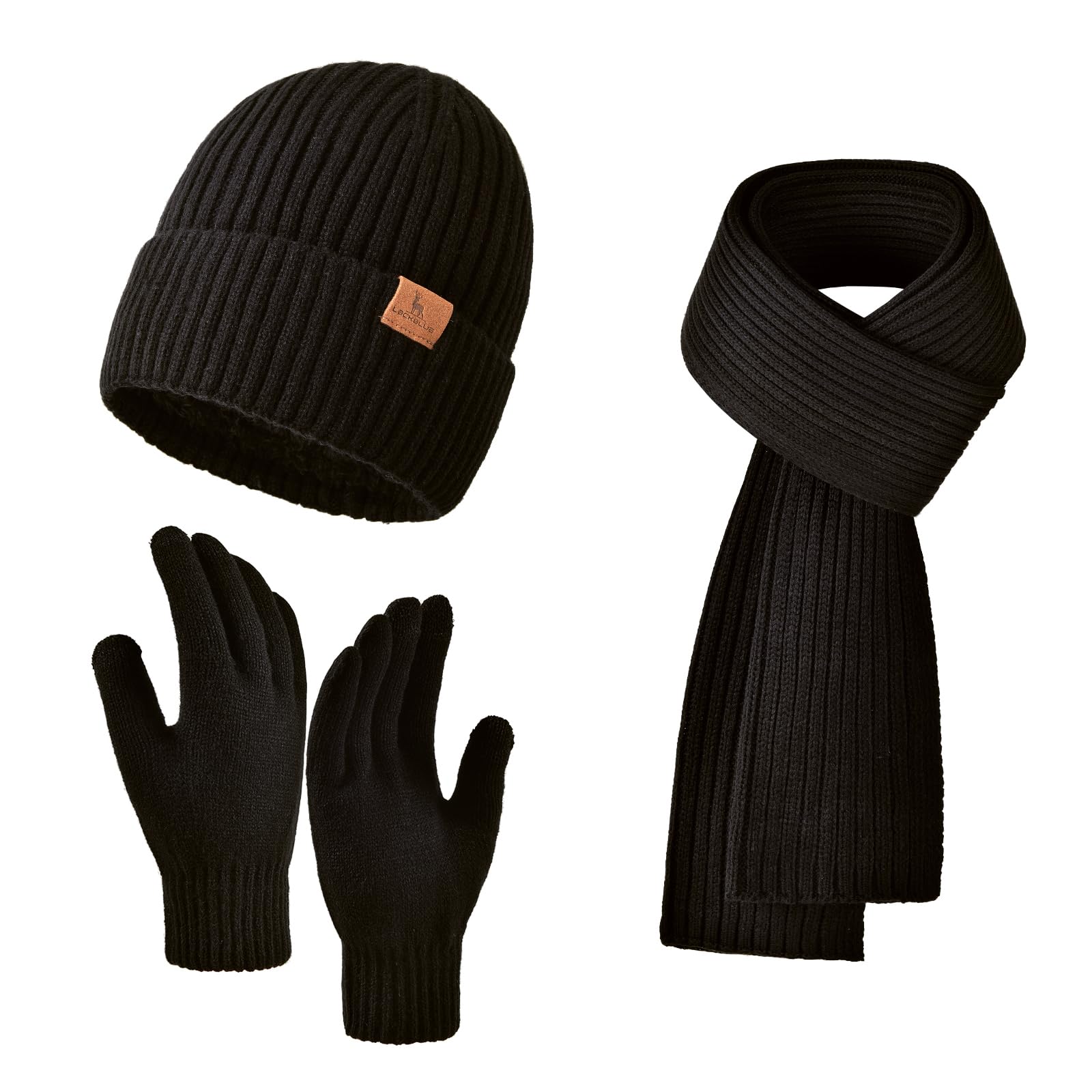 Men Women Winter Beanie Hats Scarf with Touchscreen Gloves Warm Knit Themal Gloves Long Scarf Set with Fleece Lined