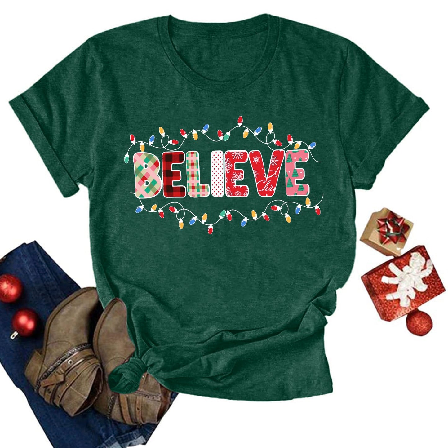 Believe Christmas Shirt for Women Christmas Tree Graphic T-Shirts Believe Letter Print Tees Holiday Tops