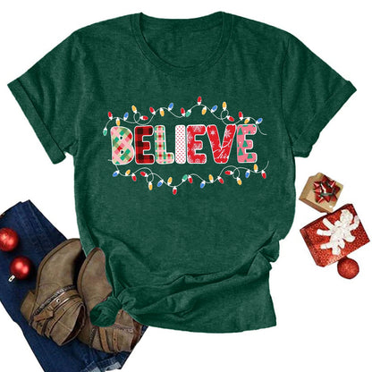 Believe Christmas Shirt for Women Christmas Tree Graphic T-Shirts Believe Letter Print Tees Holiday Tops
