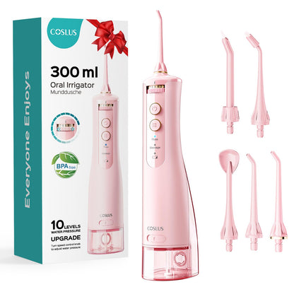 COSLUS Cordless Water Flosser & Dental Pick for Teeth, Braces, Gums Care - Advanced 10 Pressure Settings for Multiple Users, Rechargeable, Portable for Travel, BPA-Free, Black, E40(WFP14)