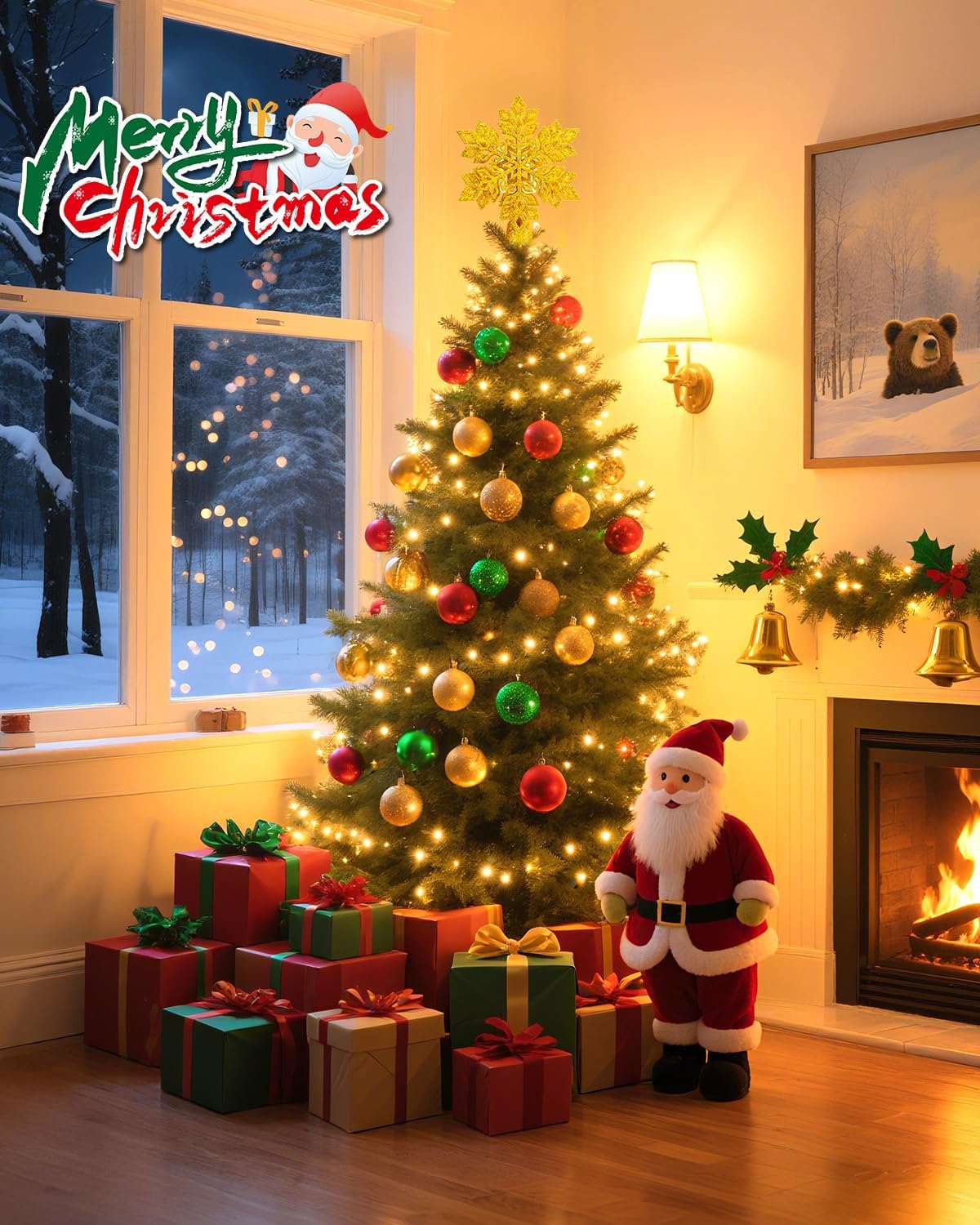 Brightown Christmas Tree Topper with Built-in 3D Glitter Led Snowflake Projector Lights, Gold Hexagonal Snowflake Tree Toppers Christmas Decorations Indoor for Xmas New Year Party Holiday