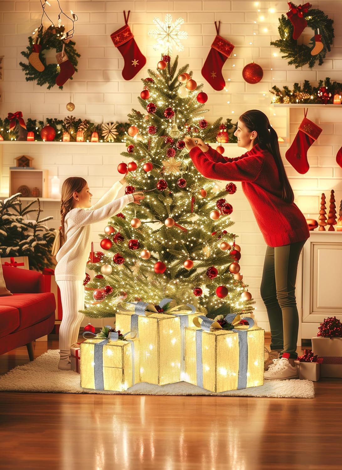 Brightown 3 Pieces Lighted Gift Boxes Outdoor Christmas Decorations, 12" 10" 8" with 60 Pre-Lit Mini String Lights，Foldable LED Boxes with Bows for Tree Indoor Outdoor Party Yard Home Decor