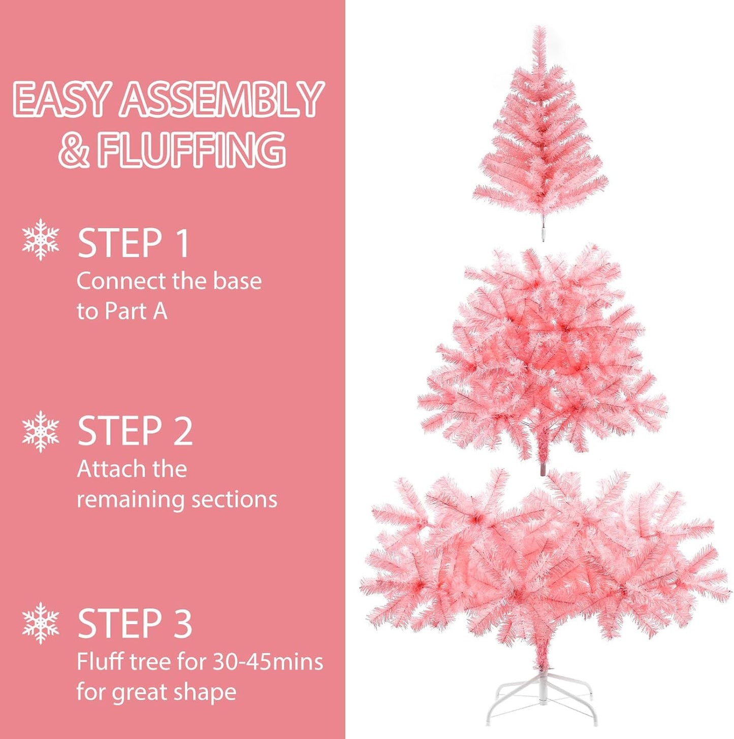 6ft Pink Artificial Christmas Tree,Hinged Full Tree with 700 Branch Tips and Metal Stand Easy Assembly Xmas Tree for Indoor and Outdoor Decoration
