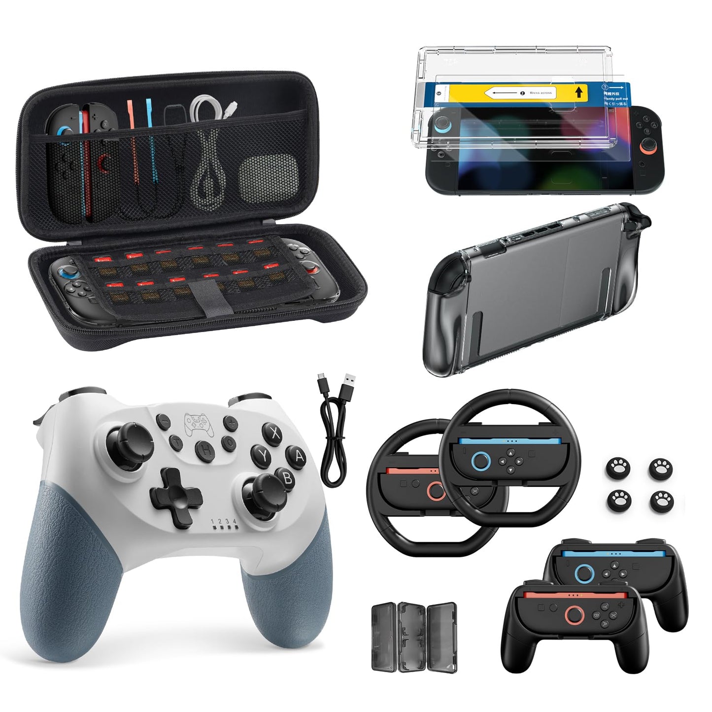Switch 2 Pro Controllers Accessories Bundle for Nintendo 17-in-1: Carrying Case, Screen Protector, Thumb Grip for Joycon, Dockable Console Protective Cover Shell, Steering Wheel, 2025 Switch2 Game Kit