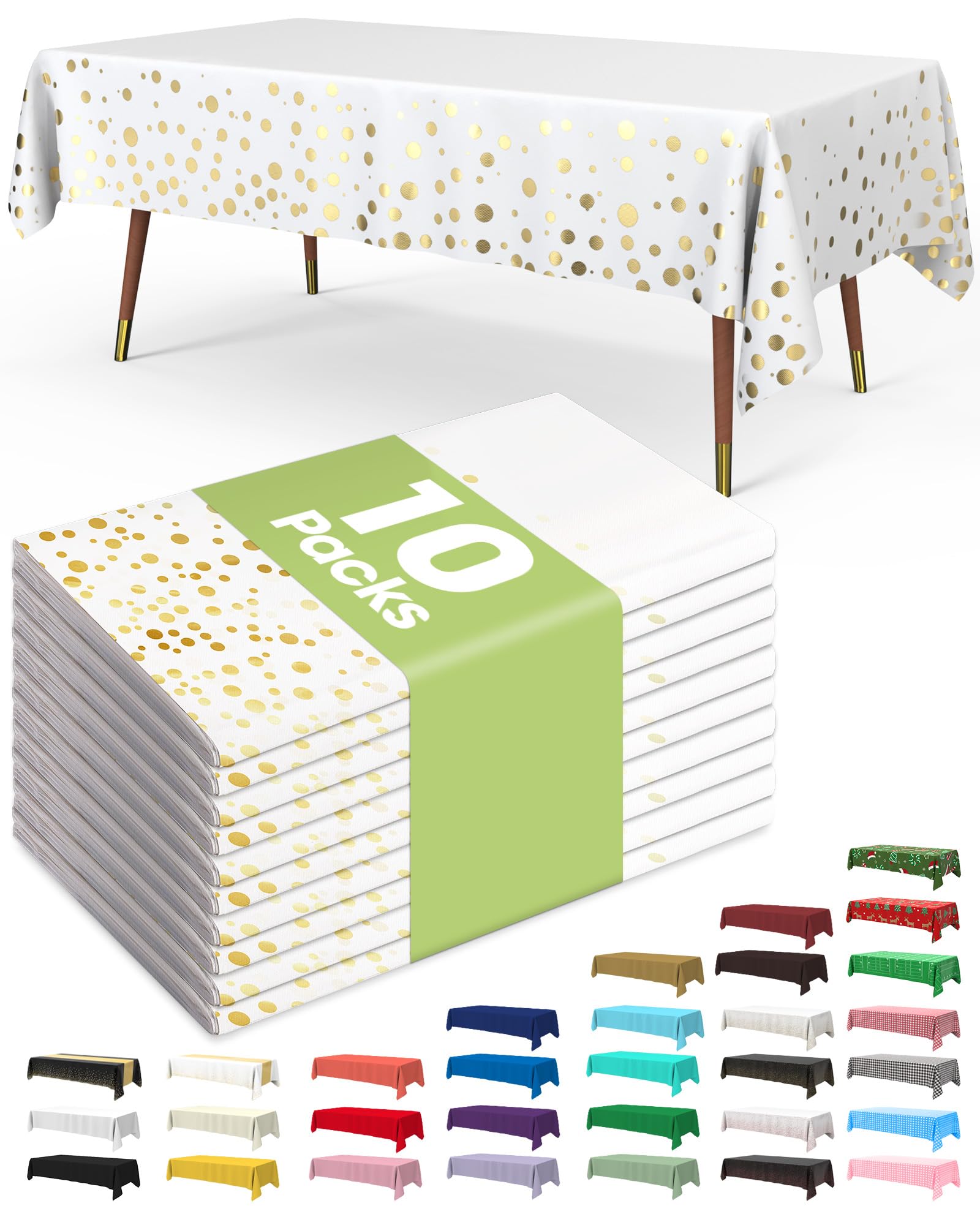 Pureegg Plastic Table Cloth Disposable 10 Pack, 54 x 108 Inch Table Cloths, Party, Picnic, Wedding, Decorative Tablecloths, Rectangle, White Plastic Cover, Leakproof & Sturdy, White