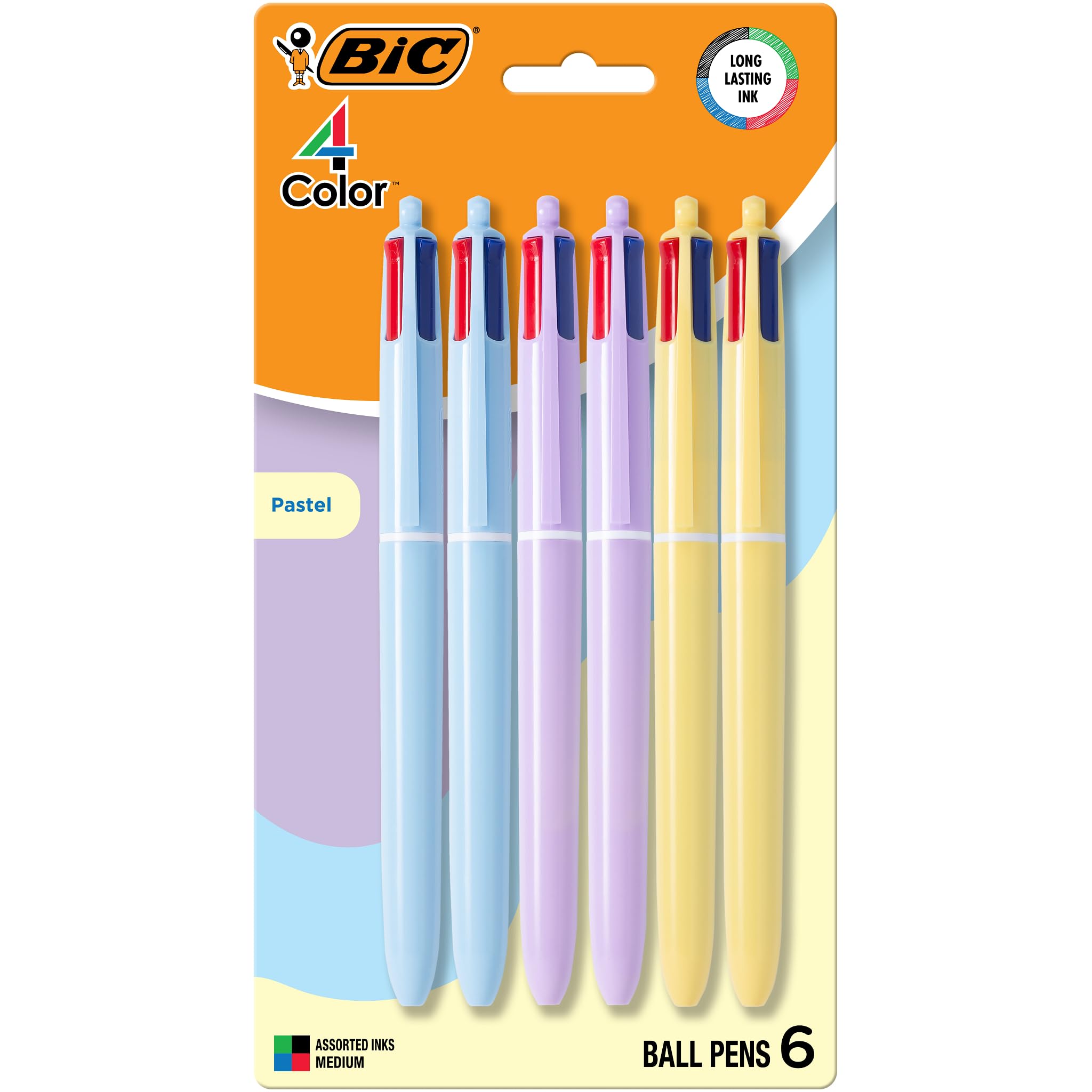 BIC 4 Color Pastel Ballpoint Pen with 1.0 mm Medium Point, Retractable, 12-Count Pack in Assorted Ink