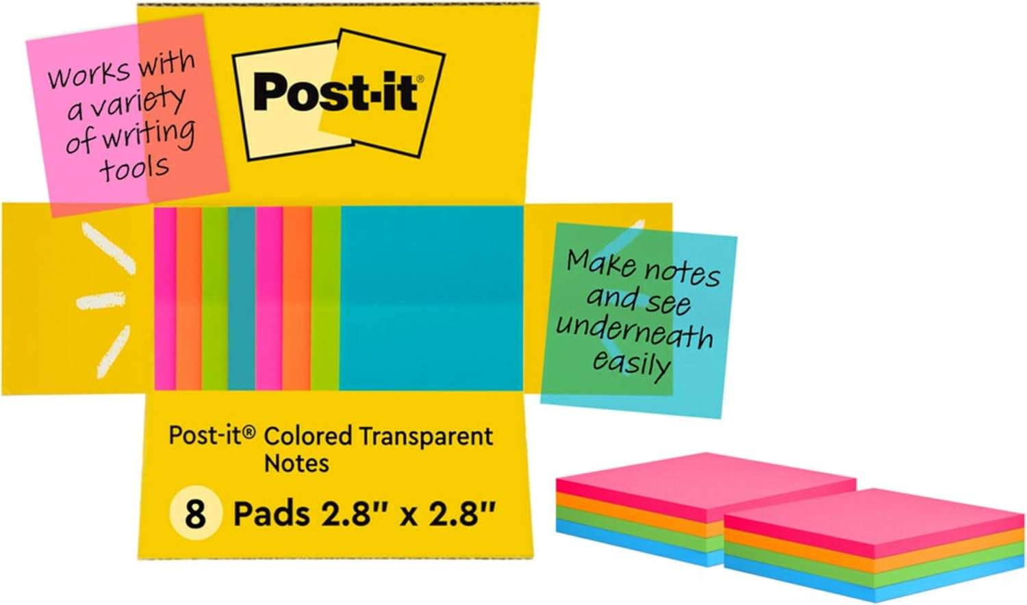 Post-it Colored Transparent Sticky Notes 3x3 in 8 Pads/Pack 36 Sheets/Pad Sticks Securely and Removes Cleanly