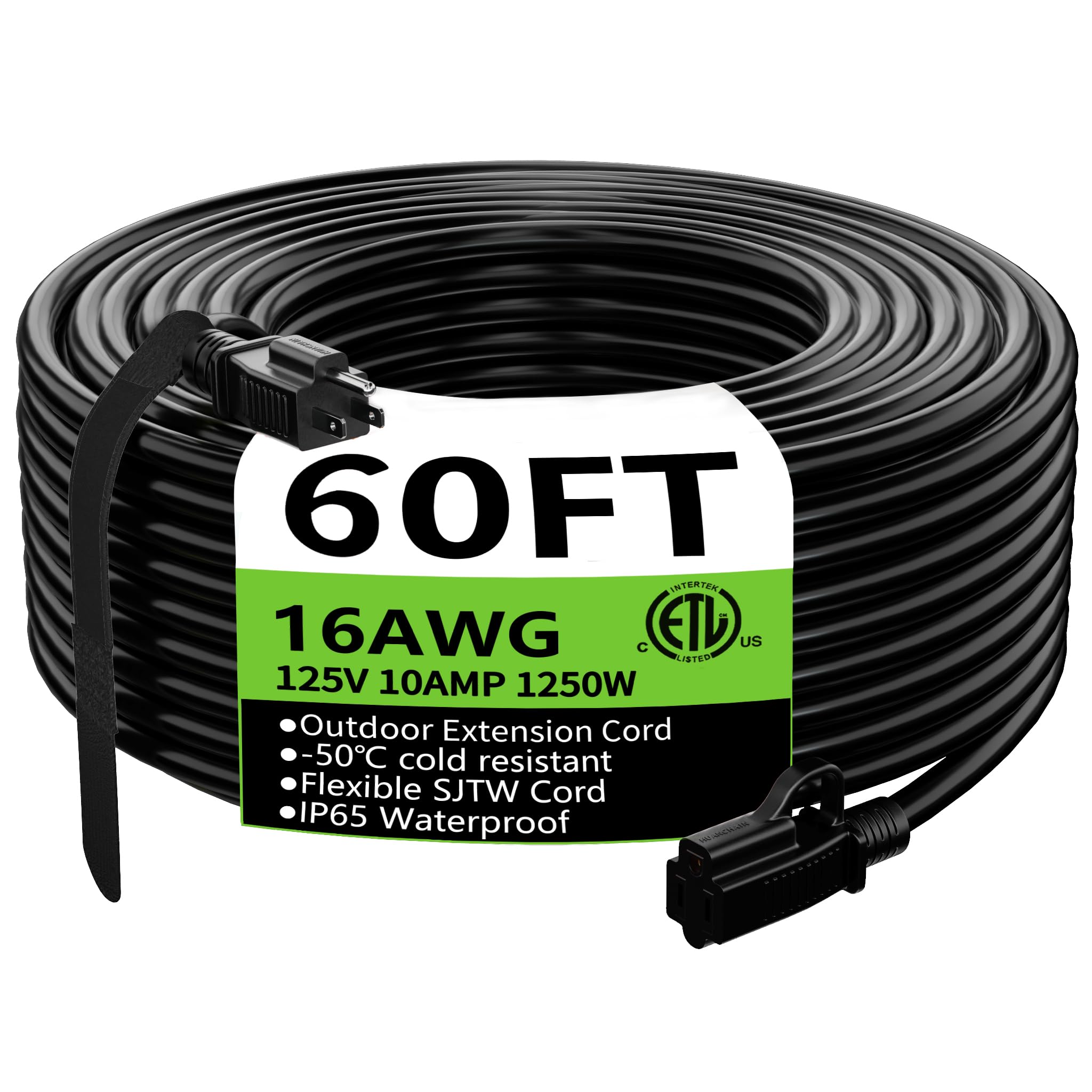 HUANCHAIN Indoor Outdoor Black Extension Cord 50 ft Waterproof, 16/3 Gauge Flexible Resistant Appliance Extension Cord Outside, 13A 1625W 16AWG SJTW, 3 Prong Heavy Duty Electric Cable, ETL Listed