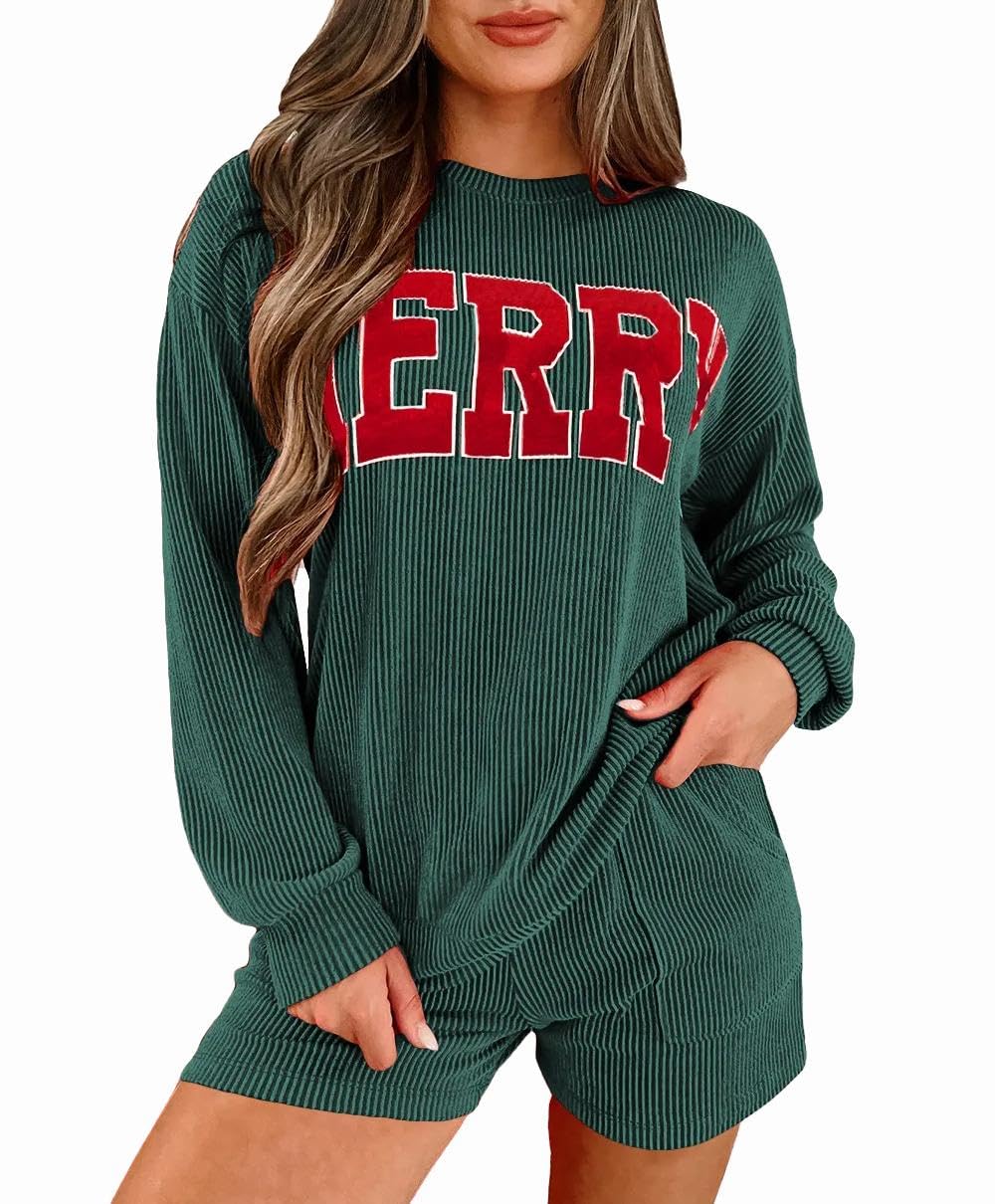 Womens Ribbed Pajama Sets Long Sleeve Top and Shorts Matching Lounge Set Loungewear Sweatsuit with Pockets
