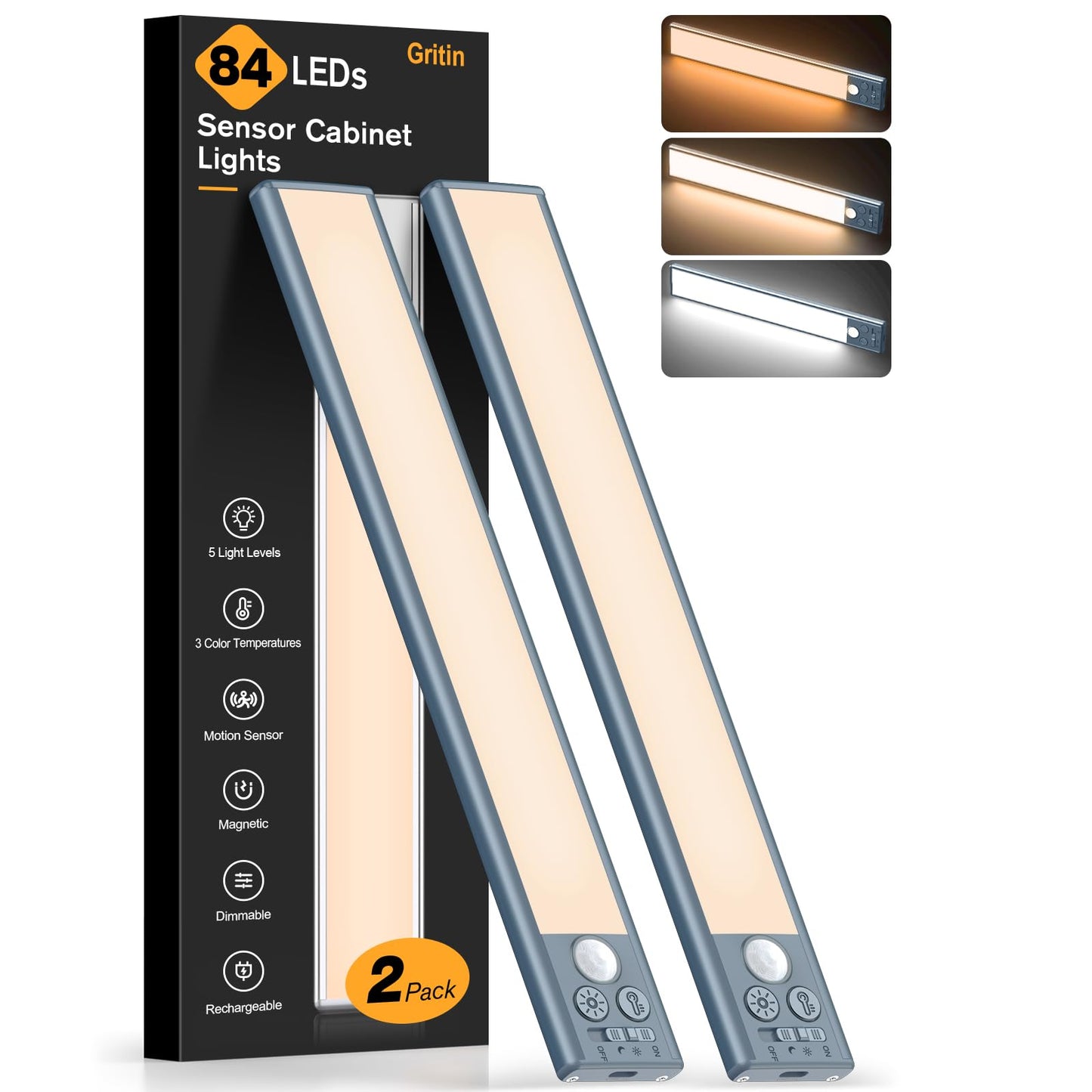 Gritin 10.2inch Under Cabinet Lighting Rechargeable -84 LED Super Bright,3-Color& 5 Level Brightness,4 Modes,Motion Sensor,Long Lasting- Easy Installation Magnetic Under Cabinet Closet Lights -2 Pack