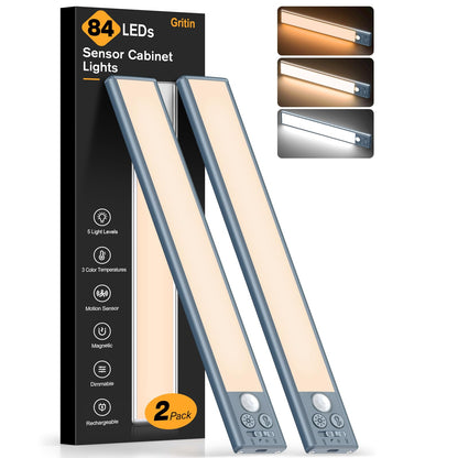 Gritin 10.2inch Under Cabinet Lighting Rechargeable -84 LED Super Bright,3-Color& 5 Level Brightness,4 Modes,Motion Sensor,Long Lasting- Easy Installation Magnetic Under Cabinet Closet Lights -2 Pack