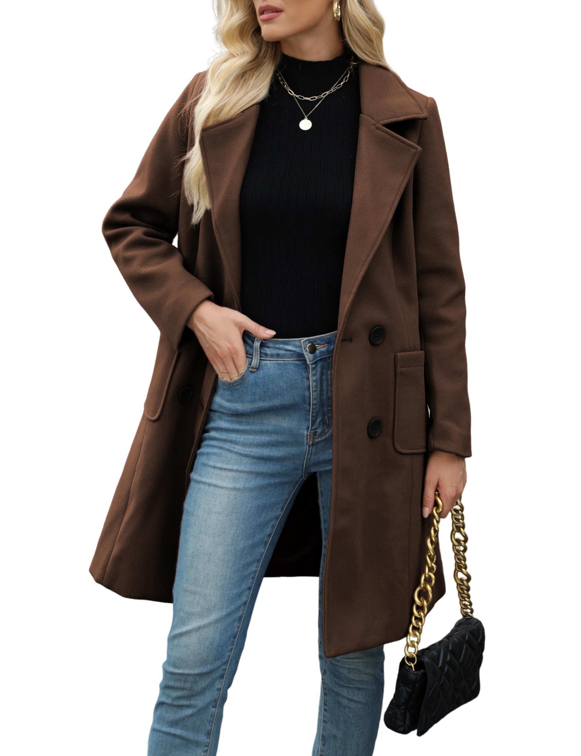 Bankeng Women Winter Wool Blend Camel Mid-Long Coat Notch Double-Breasted Lapel Jacket Outwear