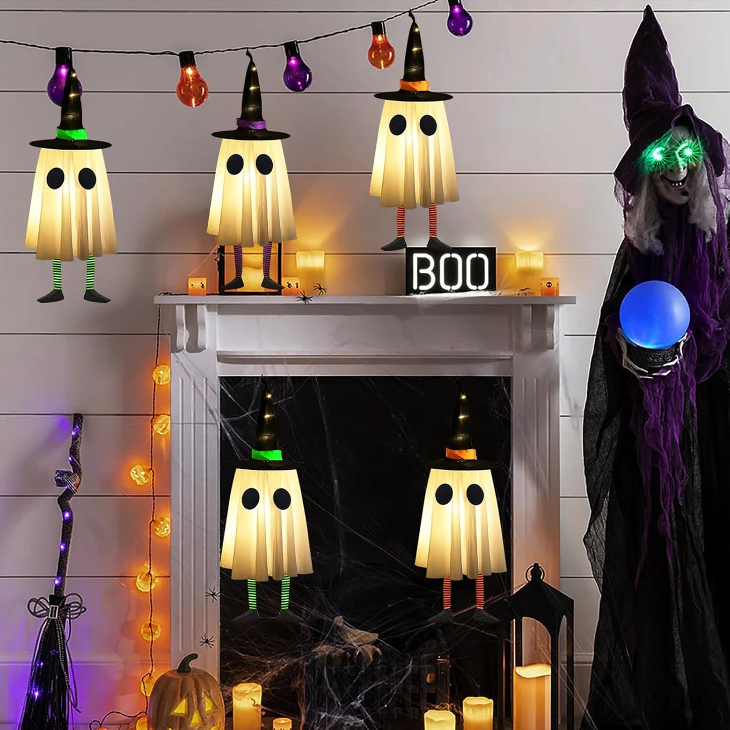 Set of 3 Halloween Hanging Ghosts, Halloween Decorations Outdoor Hanging Ghosts with Witch Hat,Glowing Ghost Witch Hat Lights, Halloween Ghost Decor for Yard Patio Garden Tree Outside(3 Ghost Lighted)