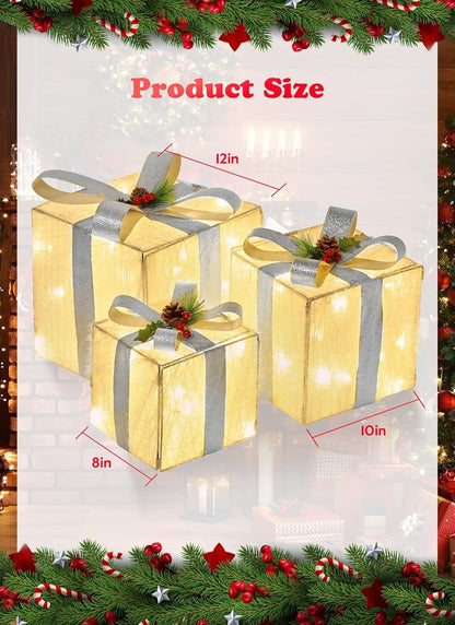 Brightown 3 Pieces Lighted Gift Boxes Outdoor Christmas Decorations, 12" 10" 8" with 60 Pre-Lit Mini String Lights，Foldable LED Boxes with Bows for Tree Indoor Outdoor Party Yard Home Decor