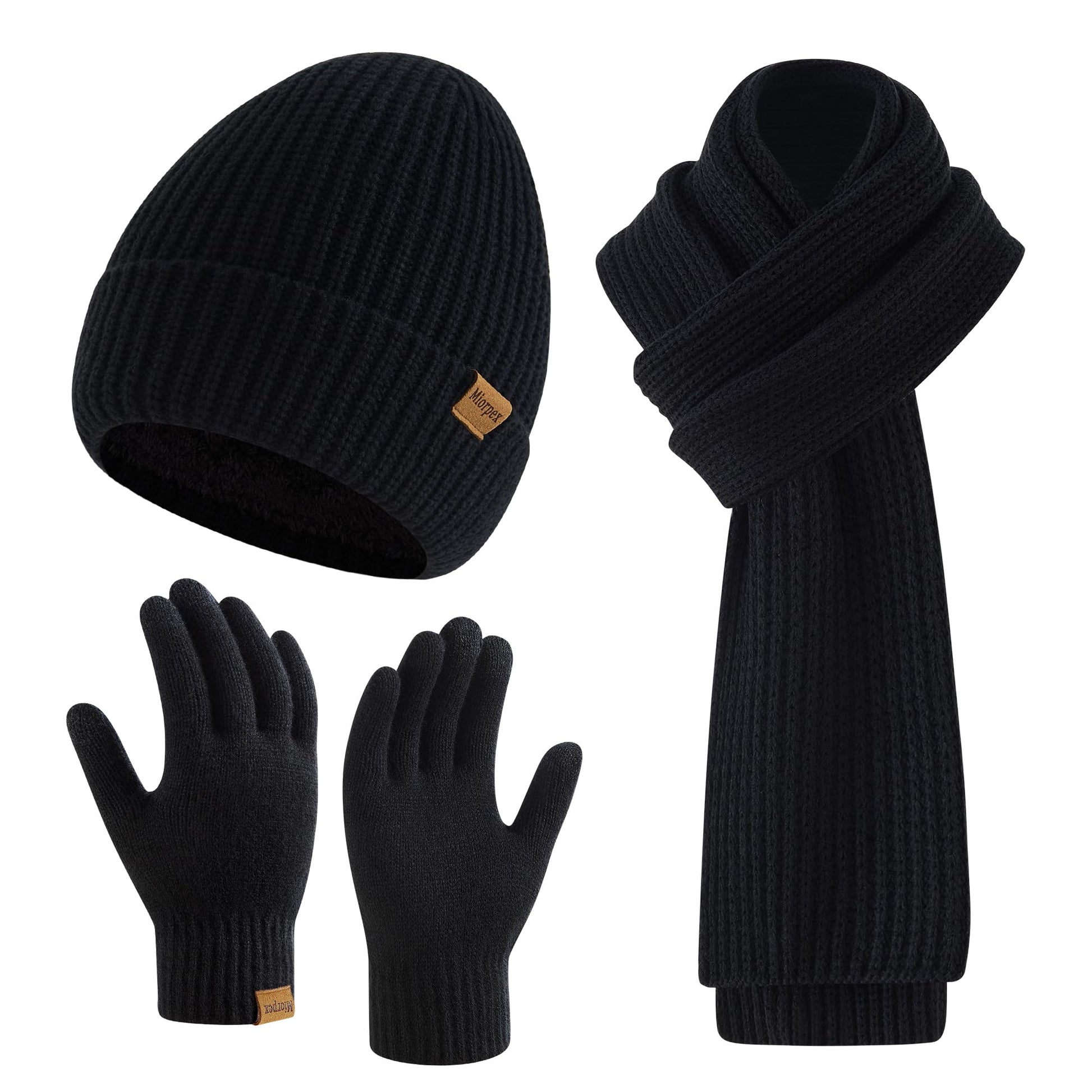 Mens Winter Beanie Hat Touchscreen Gloves Long Scarf 3 Set with Warm Fleece Lined Knit Cap Scarves for Men Women