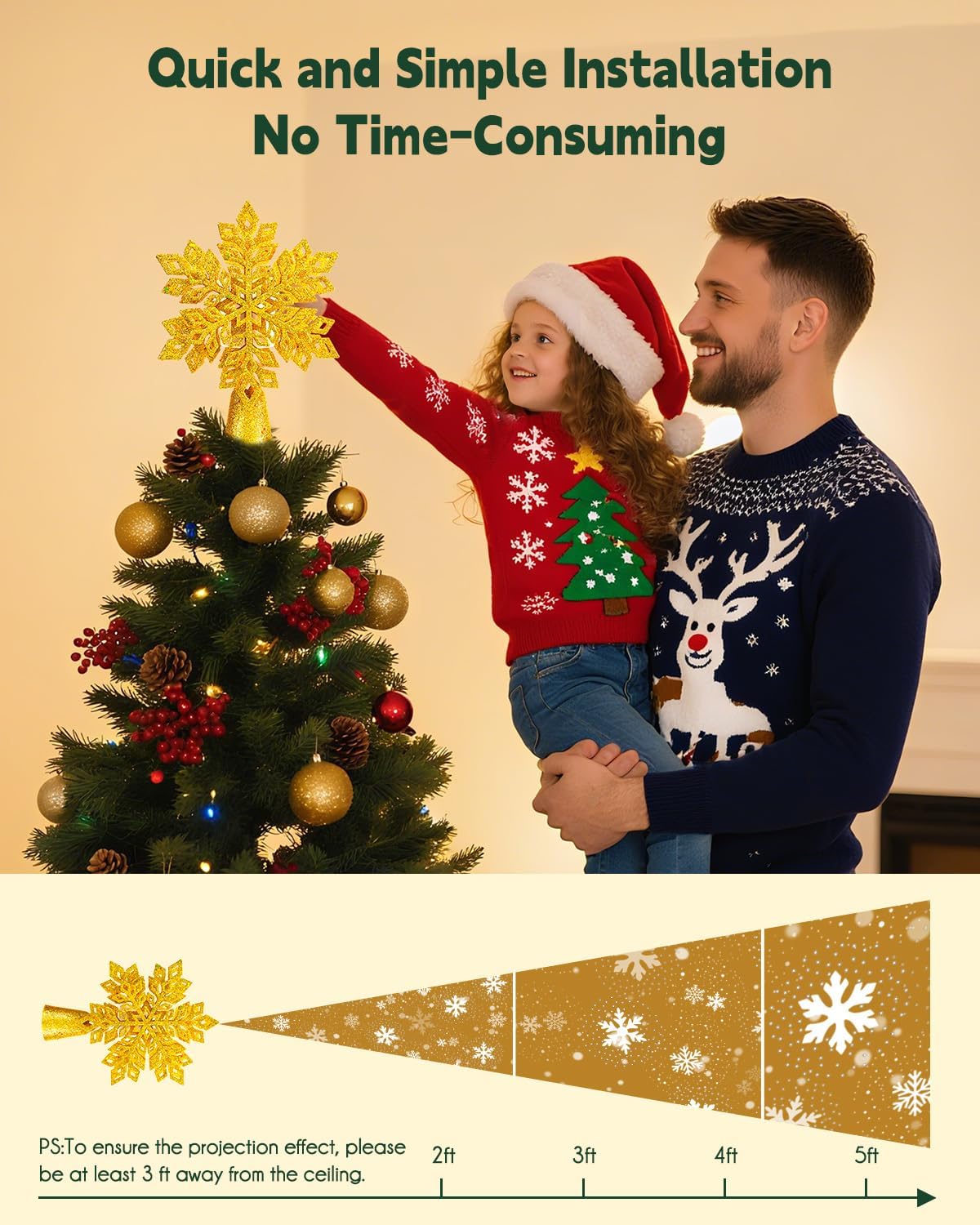 Brightown Christmas Tree Topper with Built-in 3D Glitter Led Snowflake Projector Lights, Gold Hexagonal Snowflake Tree Toppers Christmas Decorations Indoor for Xmas New Year Party Holiday