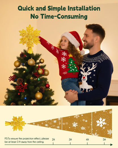 Brightown Christmas Tree Topper with Built-in 3D Glitter Led Snowflake Projector Lights, Gold Hexagonal Snowflake Tree Toppers Christmas Decorations Indoor for Xmas New Year Party Holiday