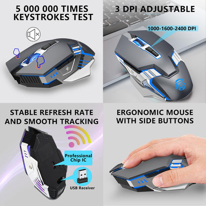 Bluetooth Gaming Mouse, RGB Rechargeable USB Wireless Mouse, Quiet Click, LED Backlit, Ergonomic, with Side Button, 6 Button, DPI Adjustable, Computer Mice for Laptop PC MacBook Chromebook - Grey