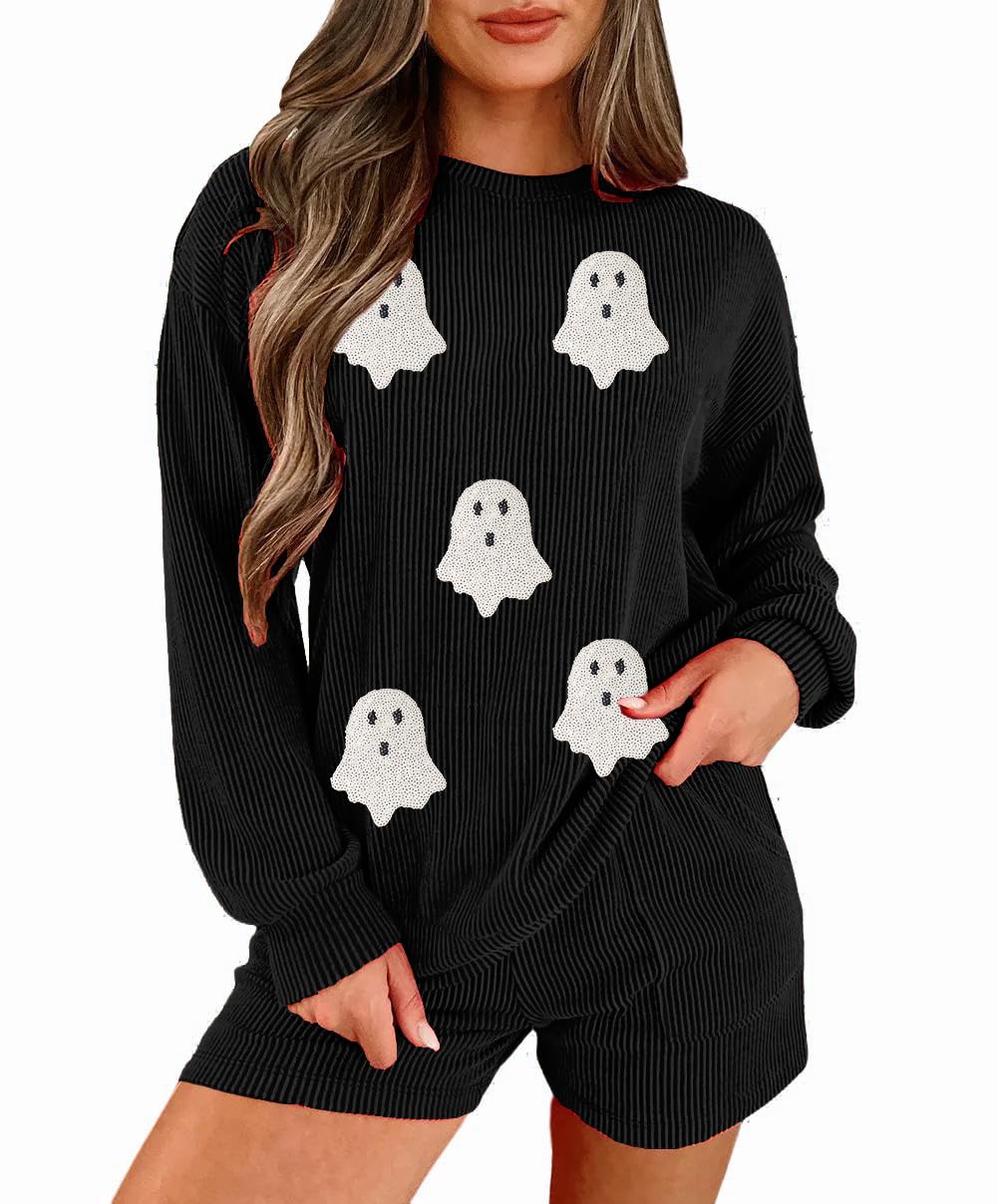 Womens Ribbed Pajama Sets Long Sleeve Top and Shorts Matching Lounge Set Loungewear Sweatsuit with Pockets