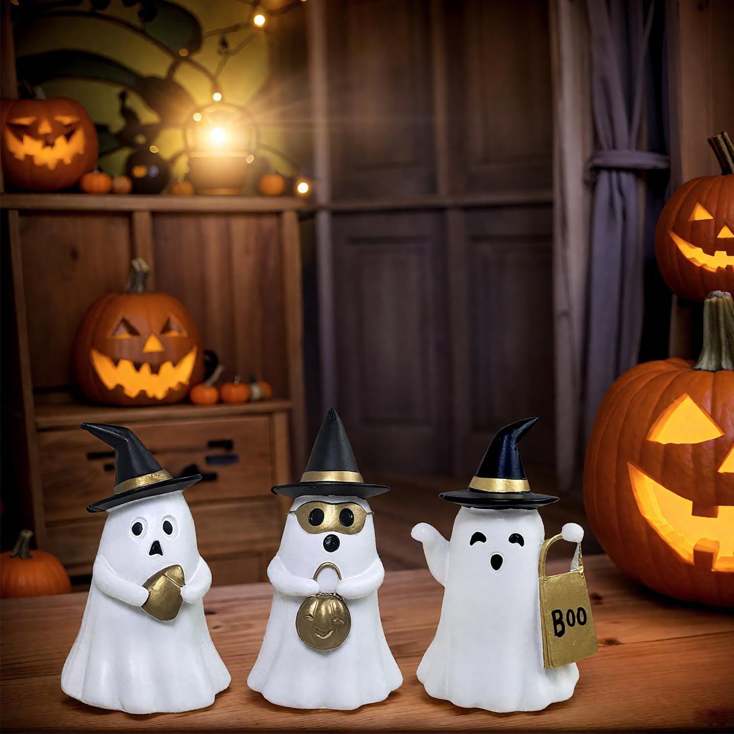Resin Small White Ghost Figurines, 3PCS Ghosts with Witch Hats, Cute Ghost Statue for Spooky Halloween Decor, for Indoor Halloween Party Tabletop Home Shelf Decoration