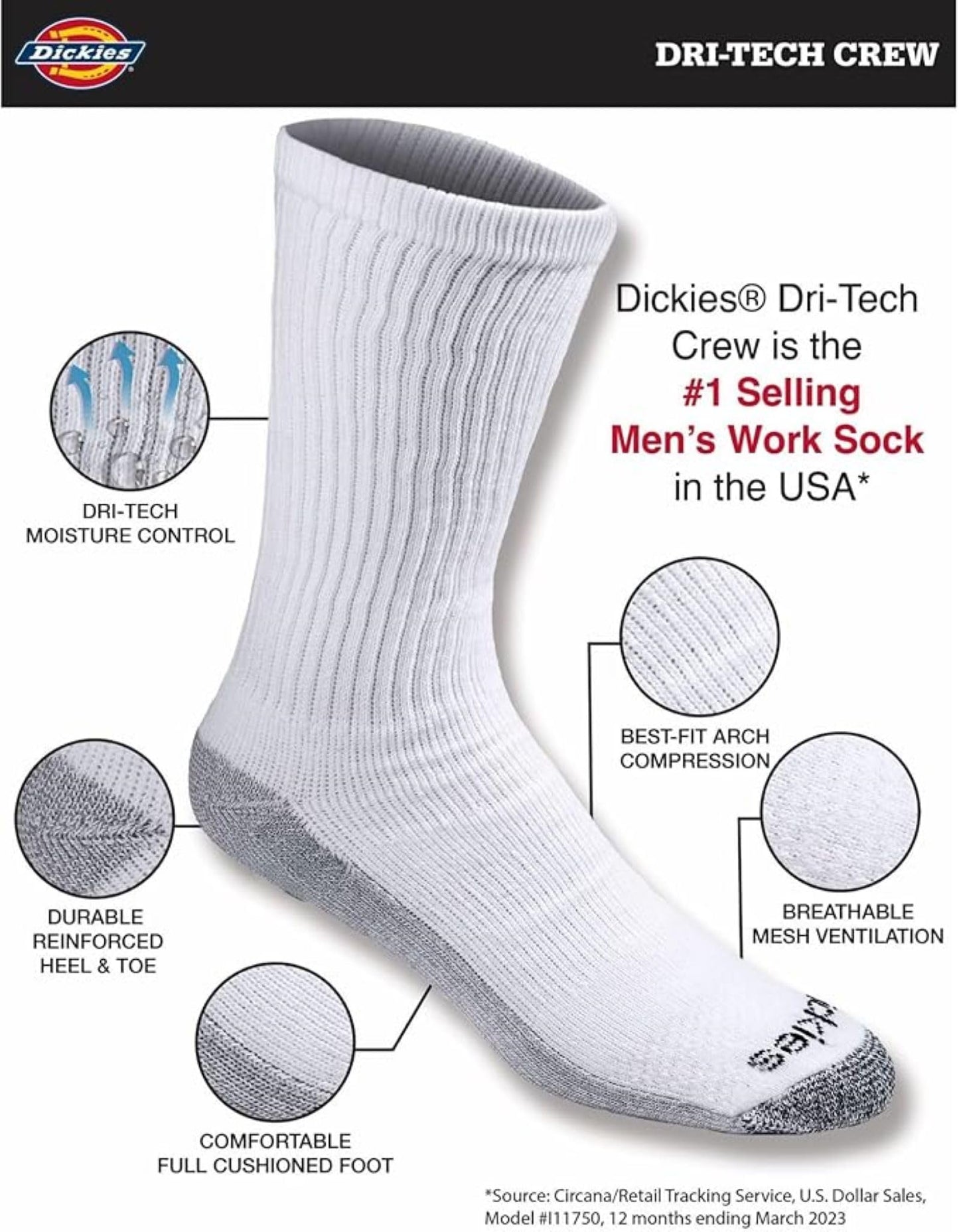 Dickies Men's Dri-Tech Original Moisture Control Crew Socks, Available in M-XXL (6, 12, 18 Pairs)