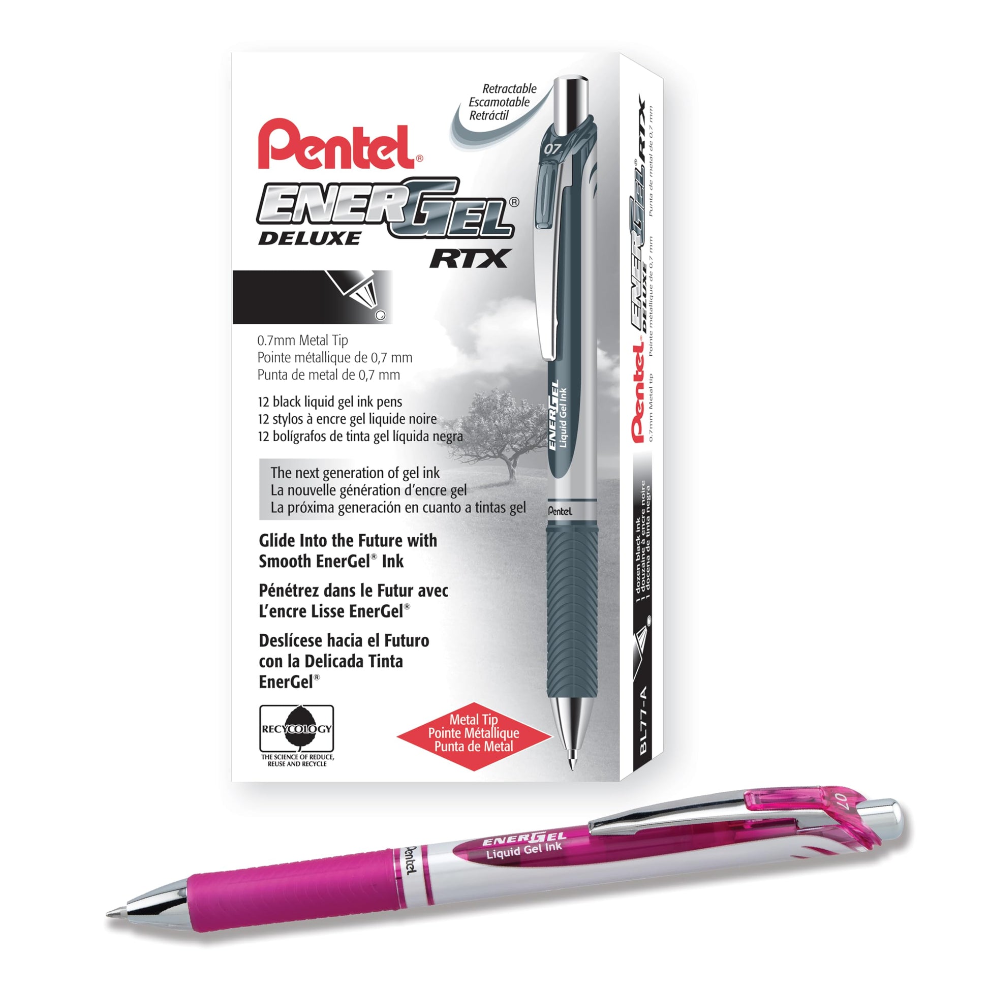 Pentel EnerGel Retractable Liquid Gel Pens, Medium Point, 0.7 mm, Silver Barrel, 12 Black Ink pens, the Ultimate writing pens, the Best Writing Pens for office, school and journaling, Pack of 12