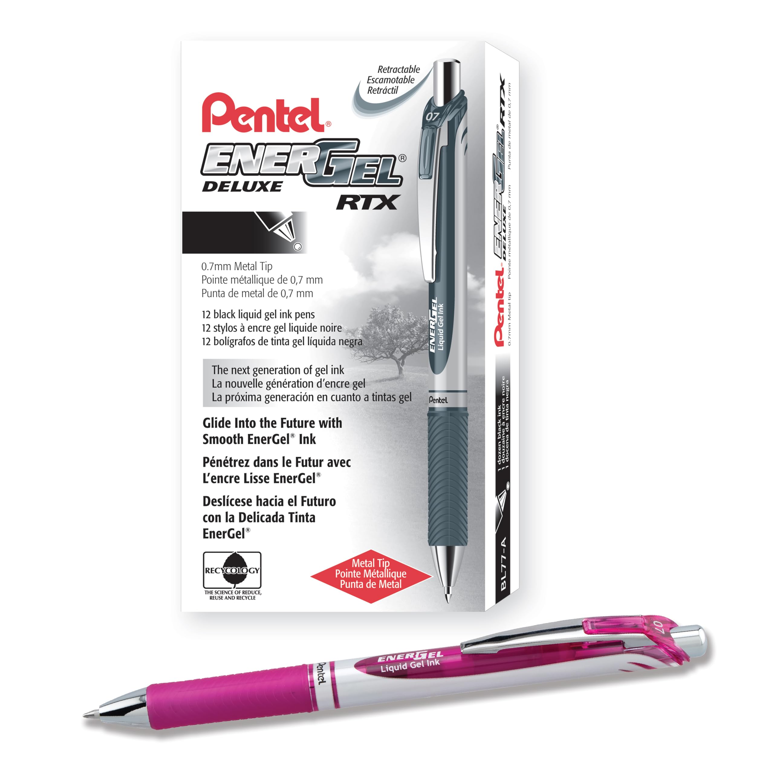 Pentel EnerGel Retractable Liquid Gel Pens, Medium Point, 0.7 mm, Silver Barrel, 12 Black Ink pens, the Ultimate writing pens, the Best Writing Pens for office, school and journaling, Pack of 12