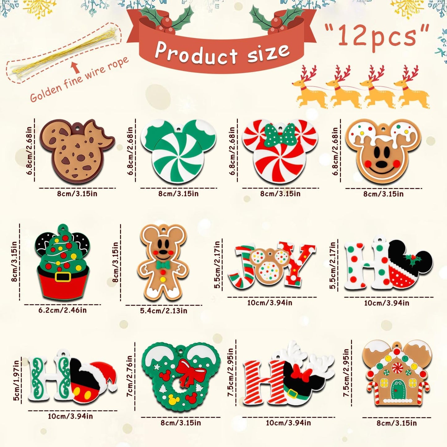 12pcs Christmas Tree Decorations Ornaments, Xmas Mouse Peppermint Candy Silicone Ornaments Hanging Pendant with Ropes for Christmas Tree Winter Holiday Party Crafts Stocking Stuffers Wreath Decor